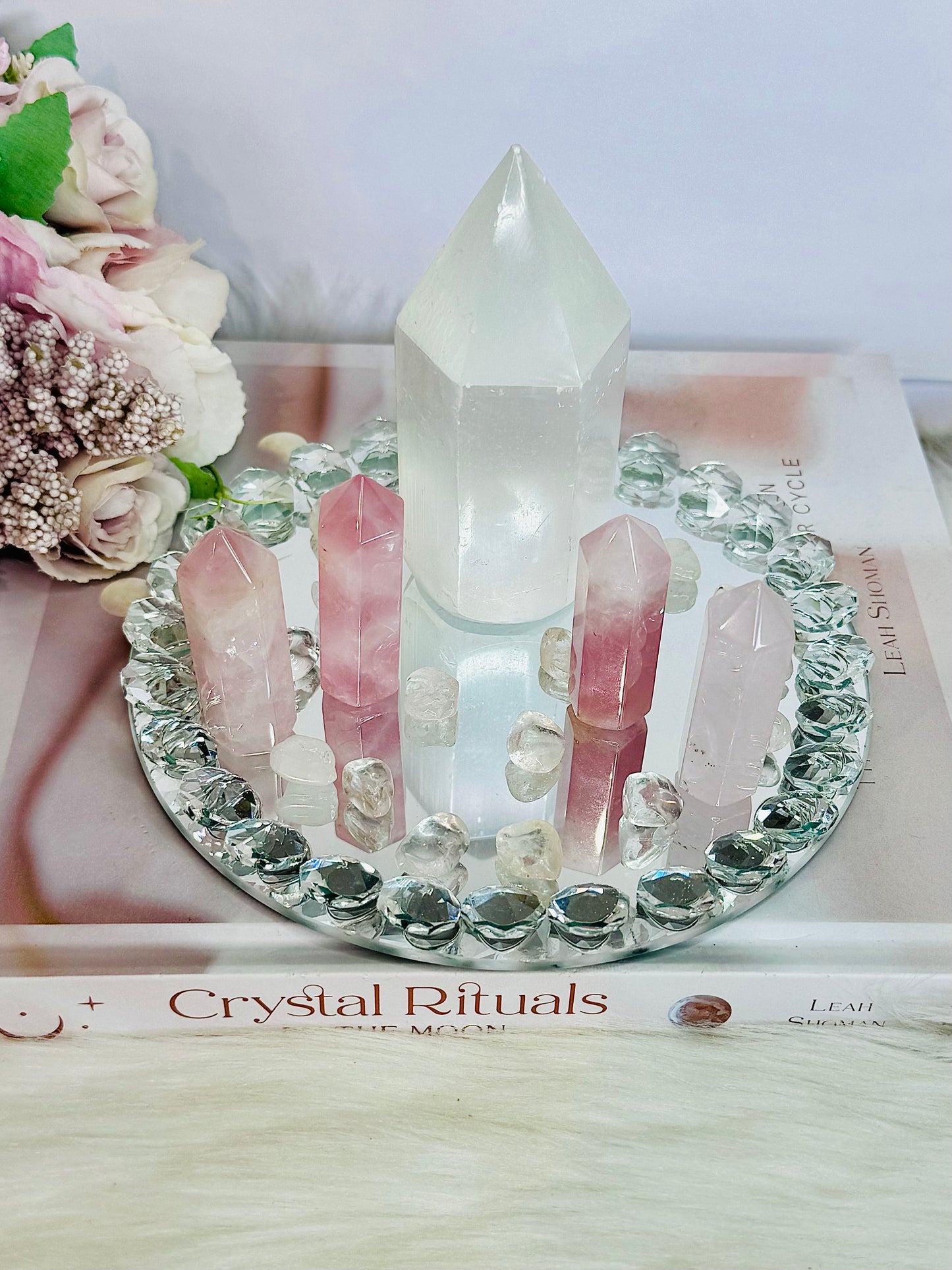 Rose Quartz Set ~ Beautiful 15cm Diamanté Mirror Tray with Chunky Selenite Tower, 4 Rose Quartz Towers & Clear Quartz Chips