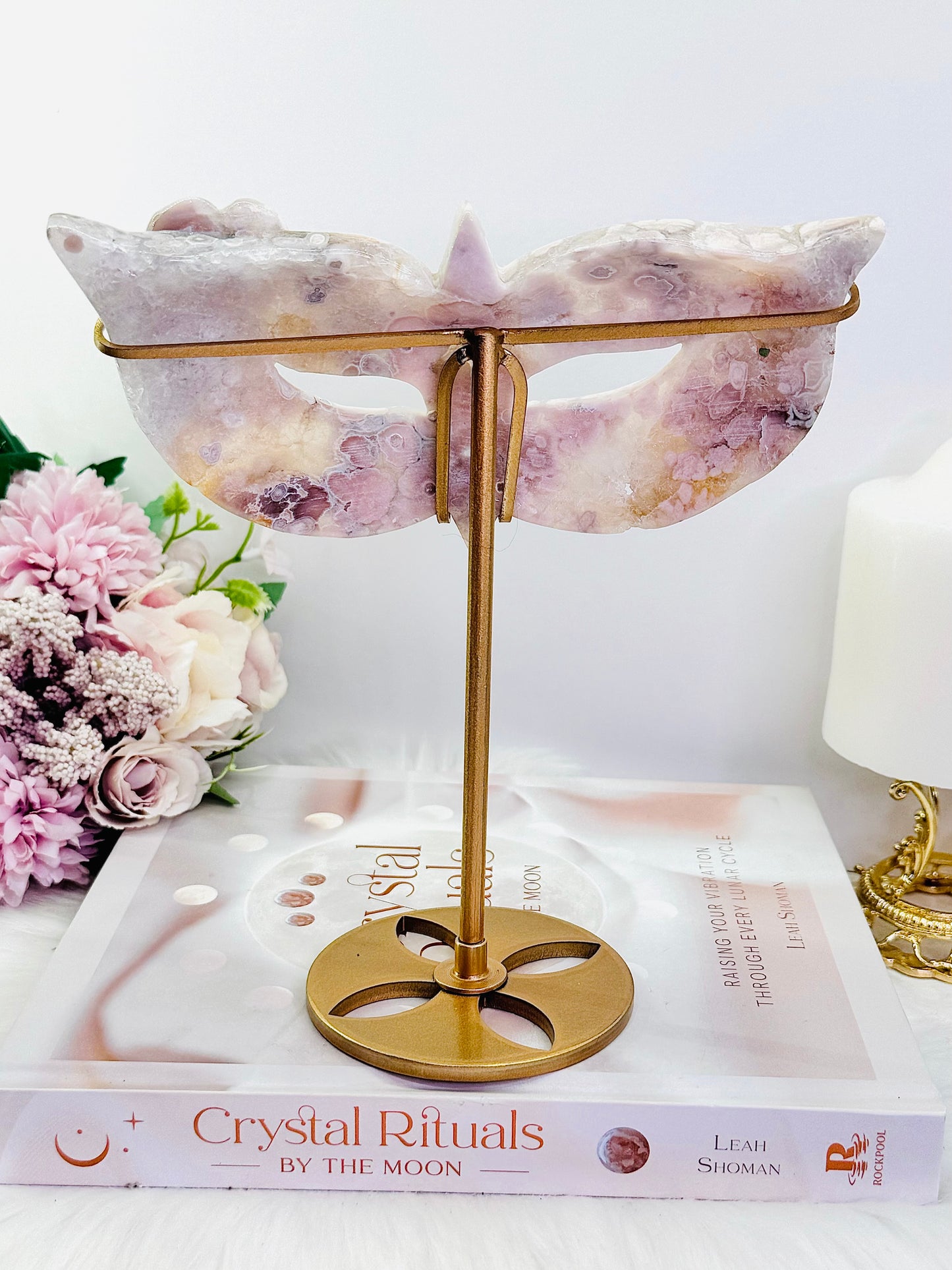 Classy & Fabulous ~ Exquisite Large 19cm (On Stand) Stunning Pink Flower Agate Perfectly Carved Mask On Gold Stand