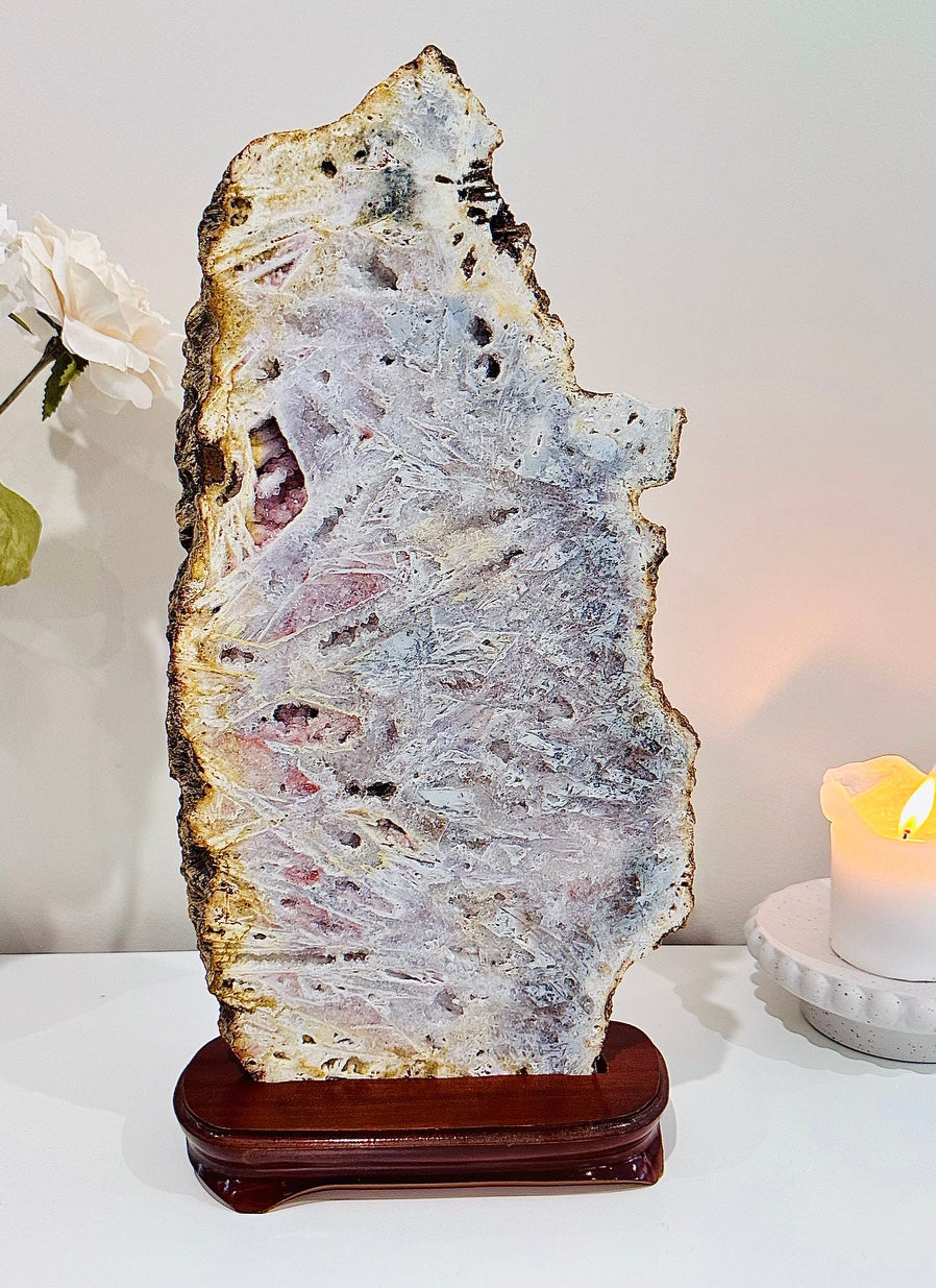 Classy & Fabulous ~ The Most Stunning Huge 46cm 4.5KG Druzy Pink Amethyst Slab | Platter Full of Crystallisation & Rutile Formation Absolutely Stunning (Timber stand is removable)