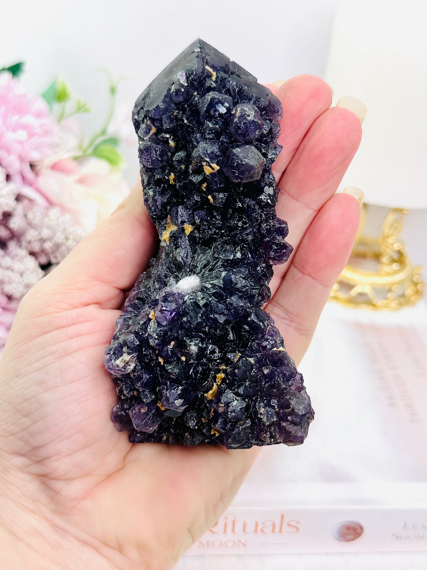 Natural Purple Root Fluorite Druzy Tower 11cm