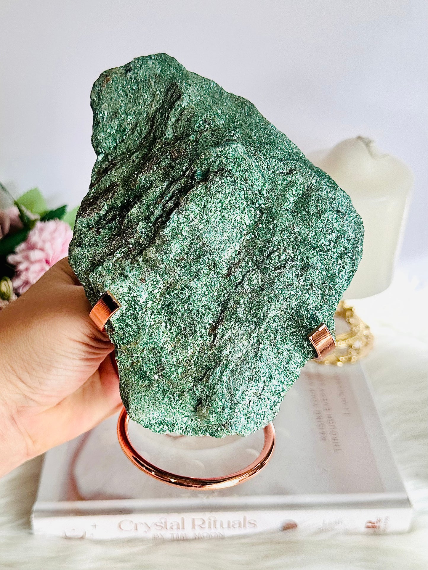 ⚜️ SALE ⚜️ Wow! Incredibly Gorgeous Sparkling High Grade Fuchsite Specimen 899grams On Silver Stand 20cm Tall (rose gold sold out)