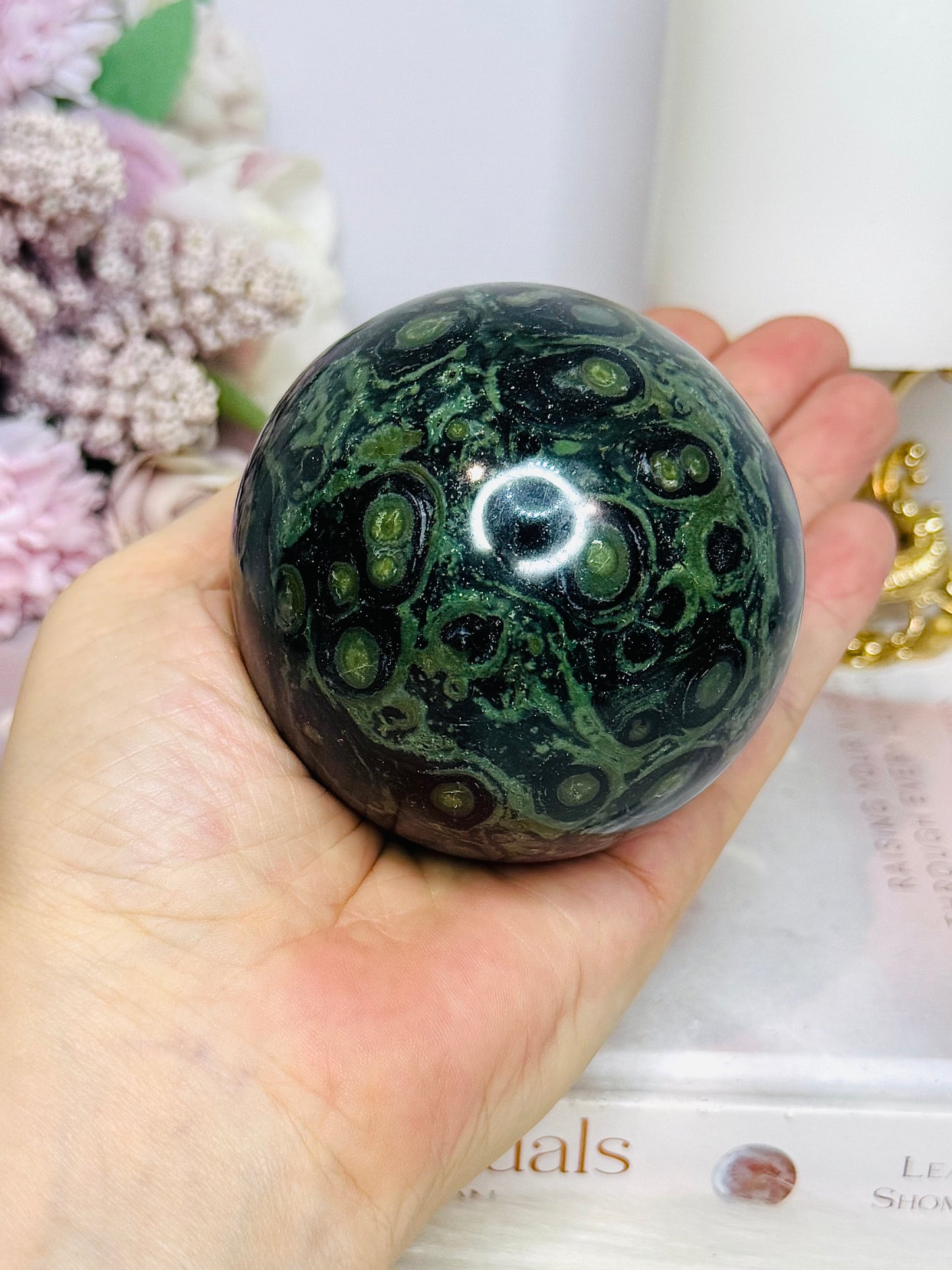 Large Green Kambaba Jasper Sphere on Stand 517g
