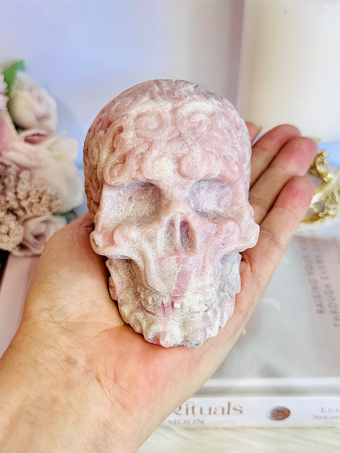 Incredible Large Perfectly Carved Pink Opal Patterned Skull 10cm 772grams