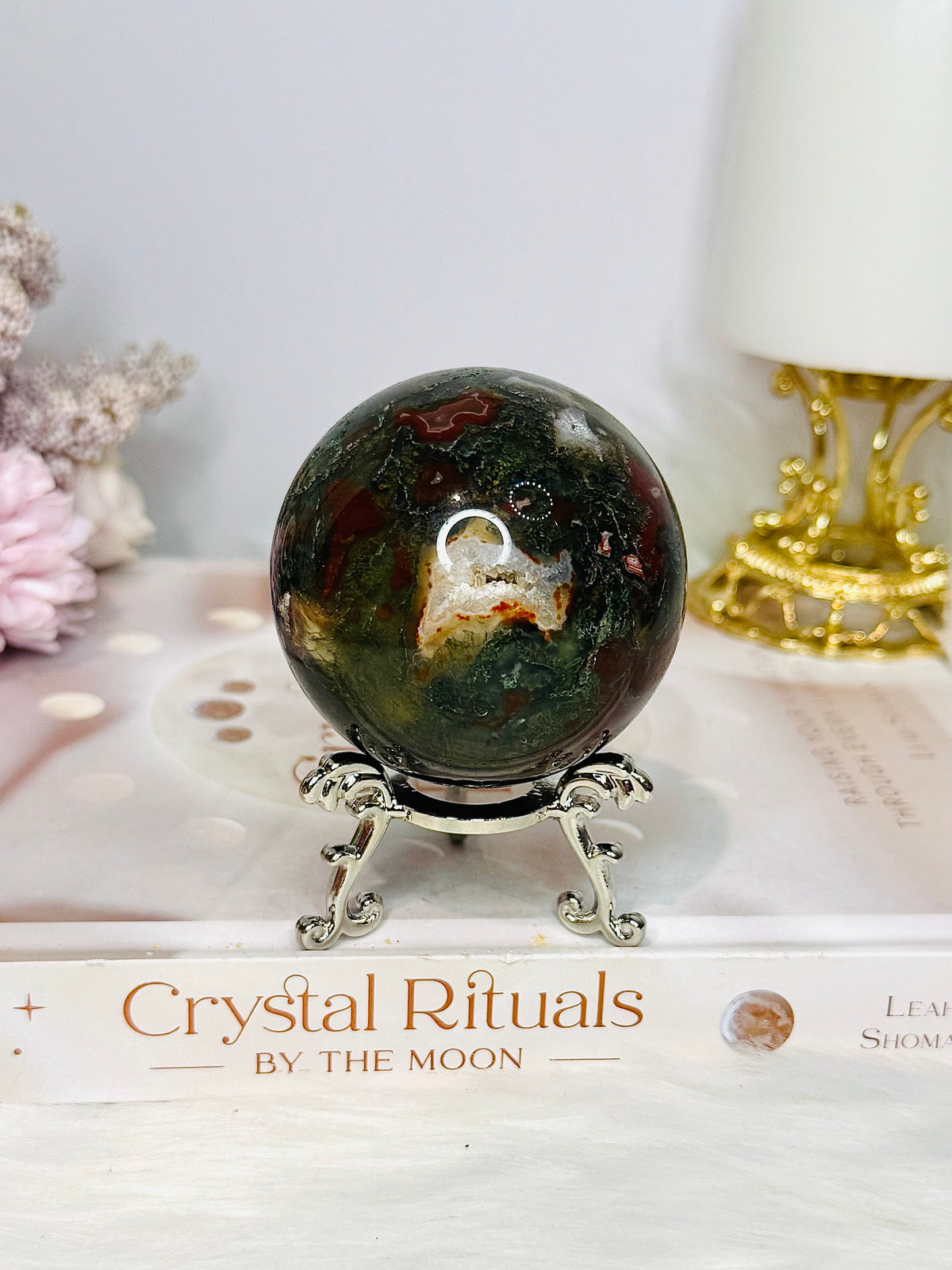 Druzy Red Moss Agate Sphere on Stand 303g
