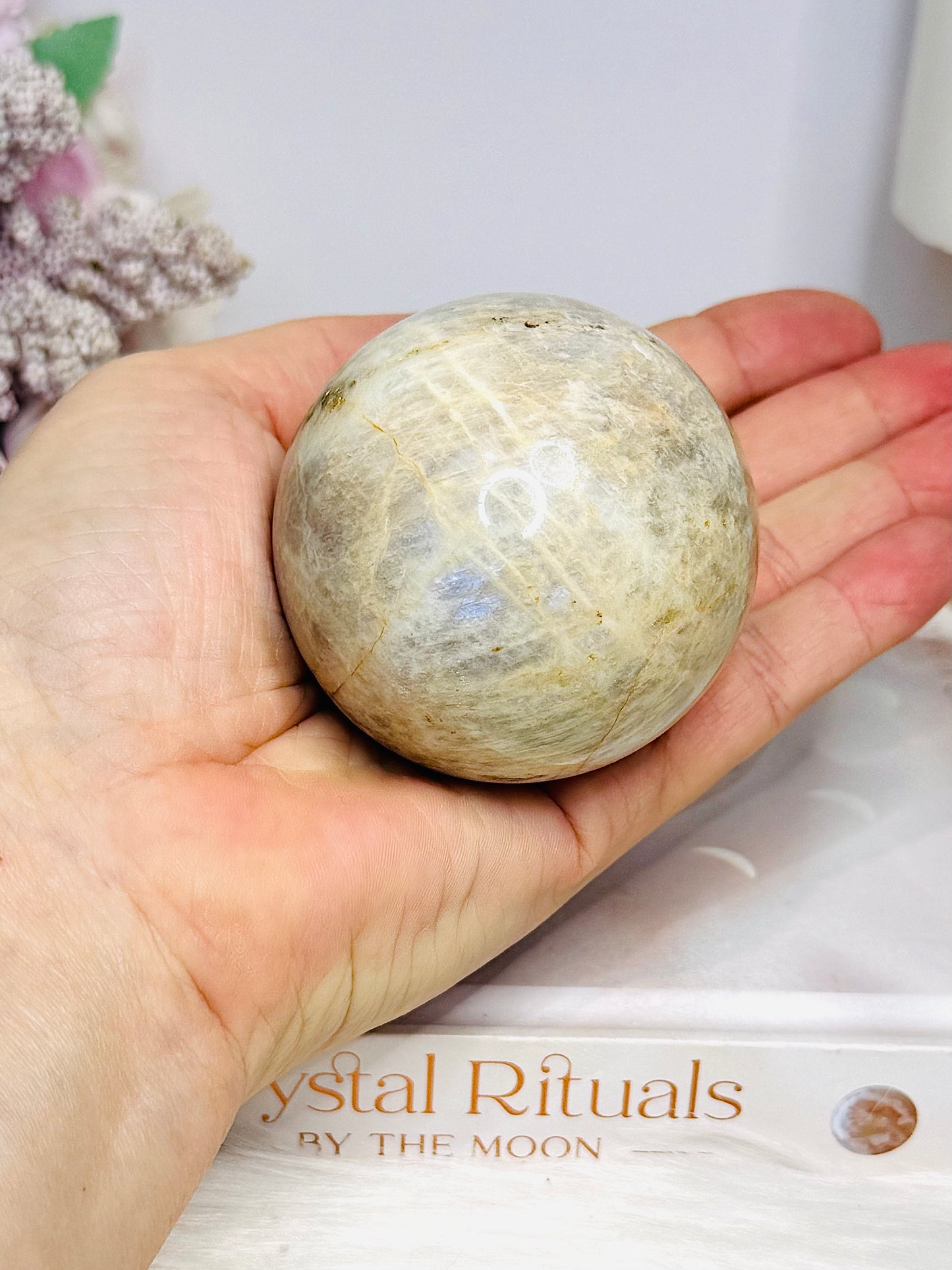 Moonstone Sphere with Blue Flash On Stand 274g
