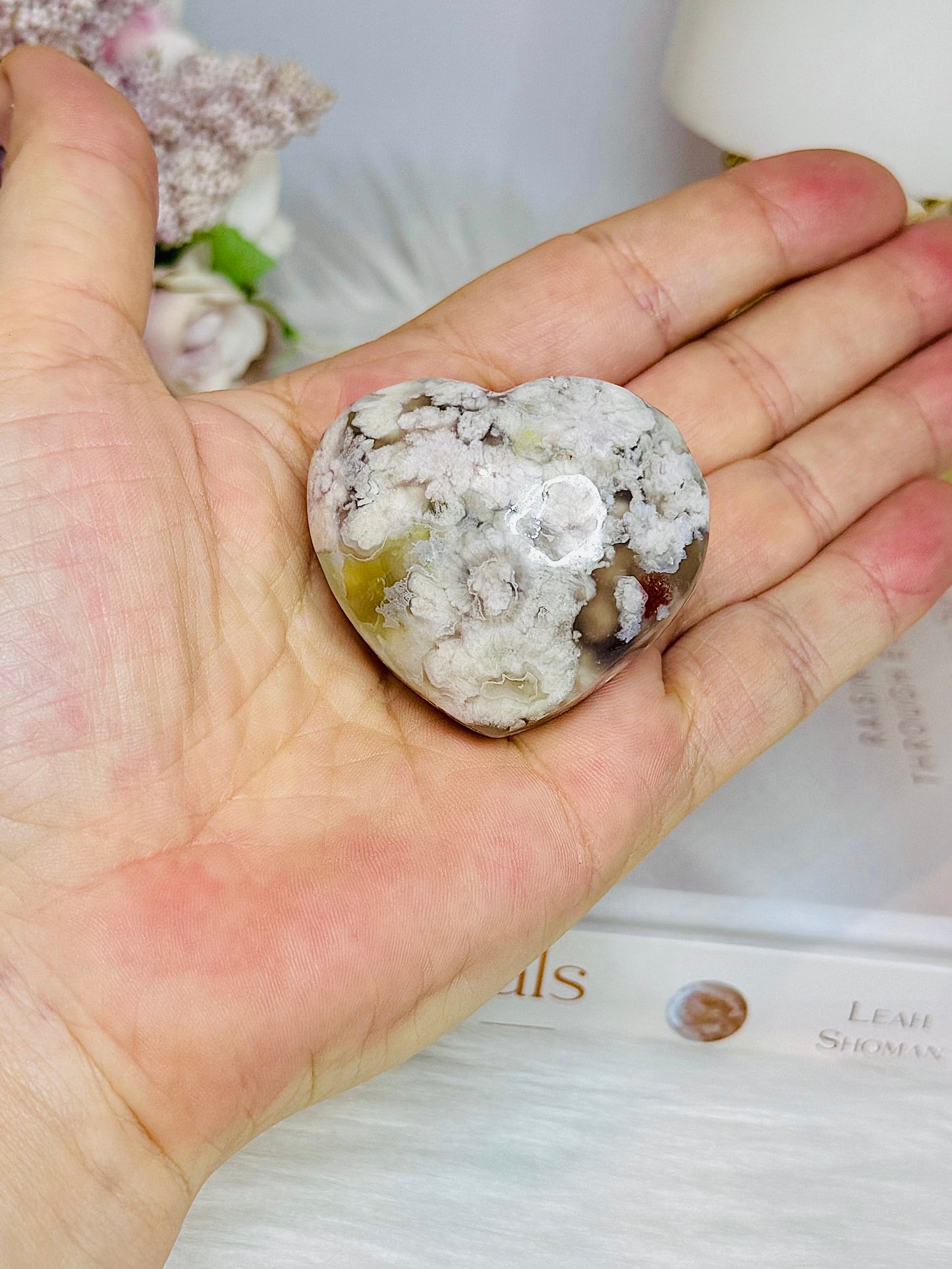 Green Flower Agate Carved Heart