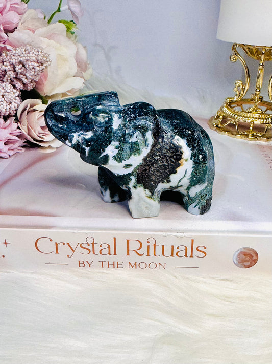 Chunky 9cm Moss Agate Carved Elephant