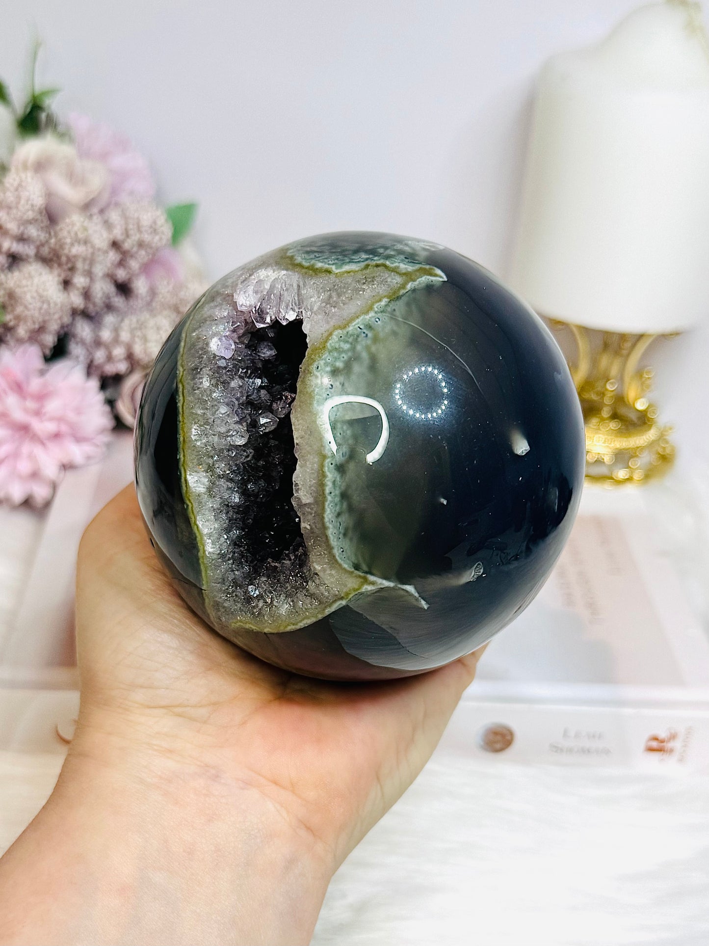 High Grade Huge Amethyst Druzy Agate Sphere on Stand 934g