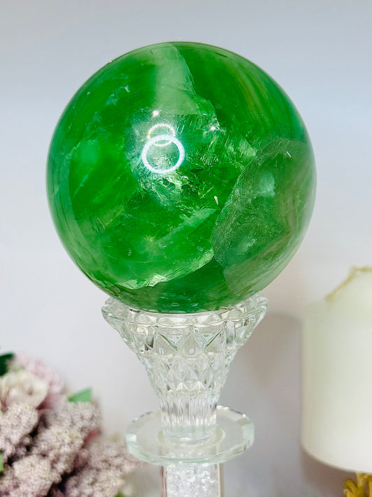 Huge Green Fluorite Sphere with Rainbows On Tall Glass Stand 1.4KG (stand can be changed)