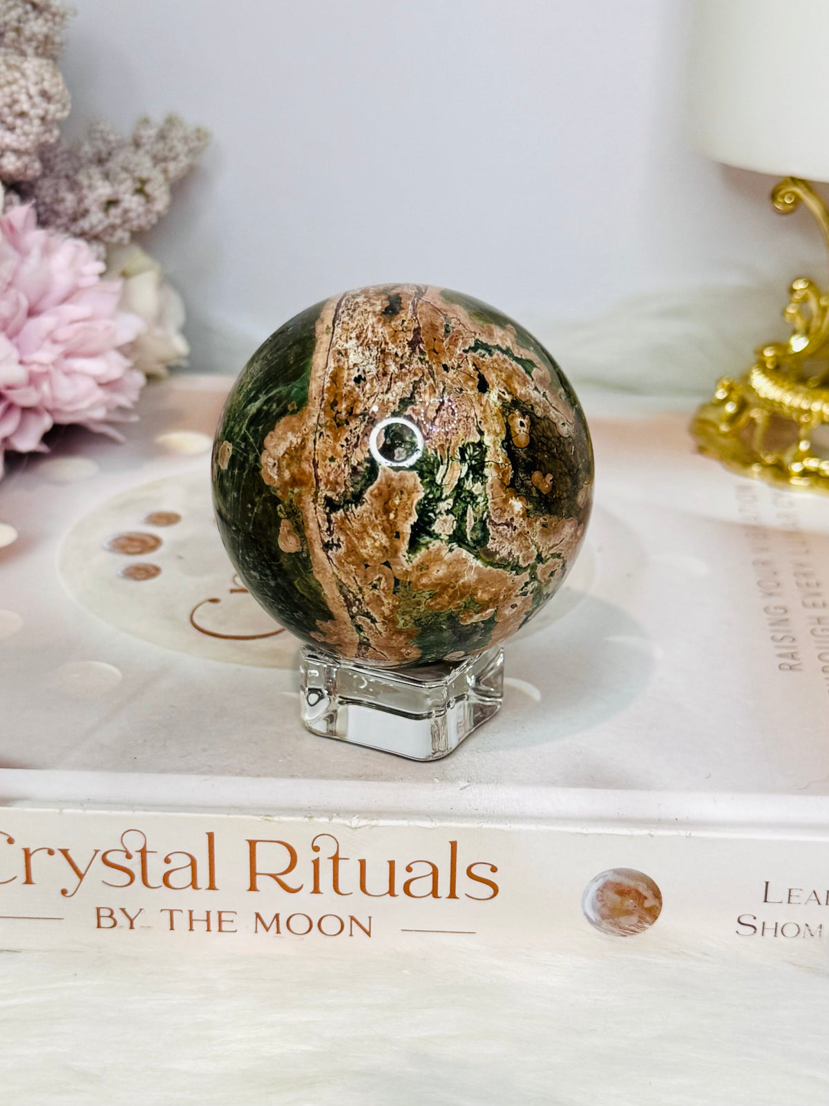 High Grade Green Sakura Flower Agate Sphere on Stand 231g