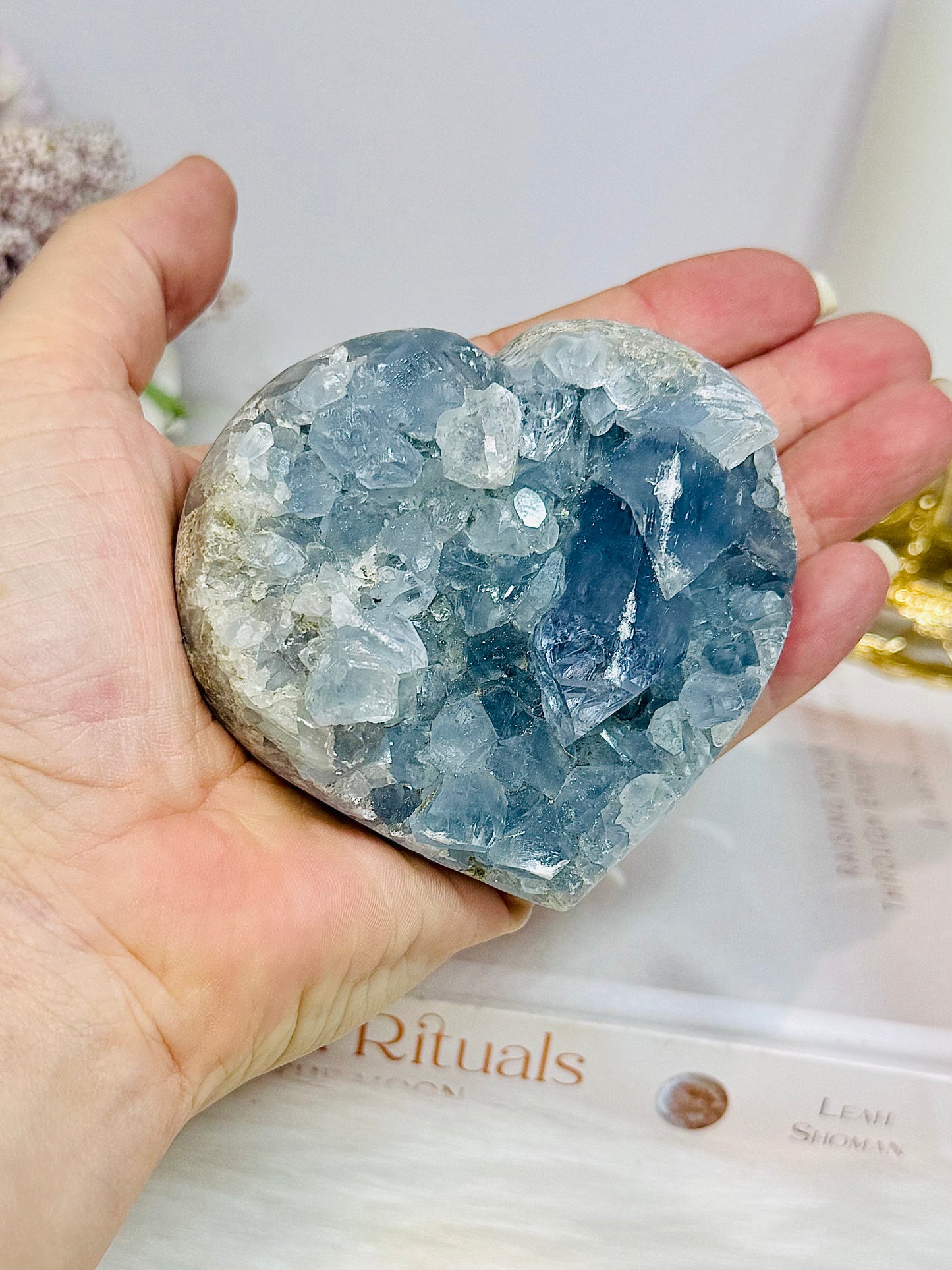 Blue Celestite Druzy Heart On Stand 443g