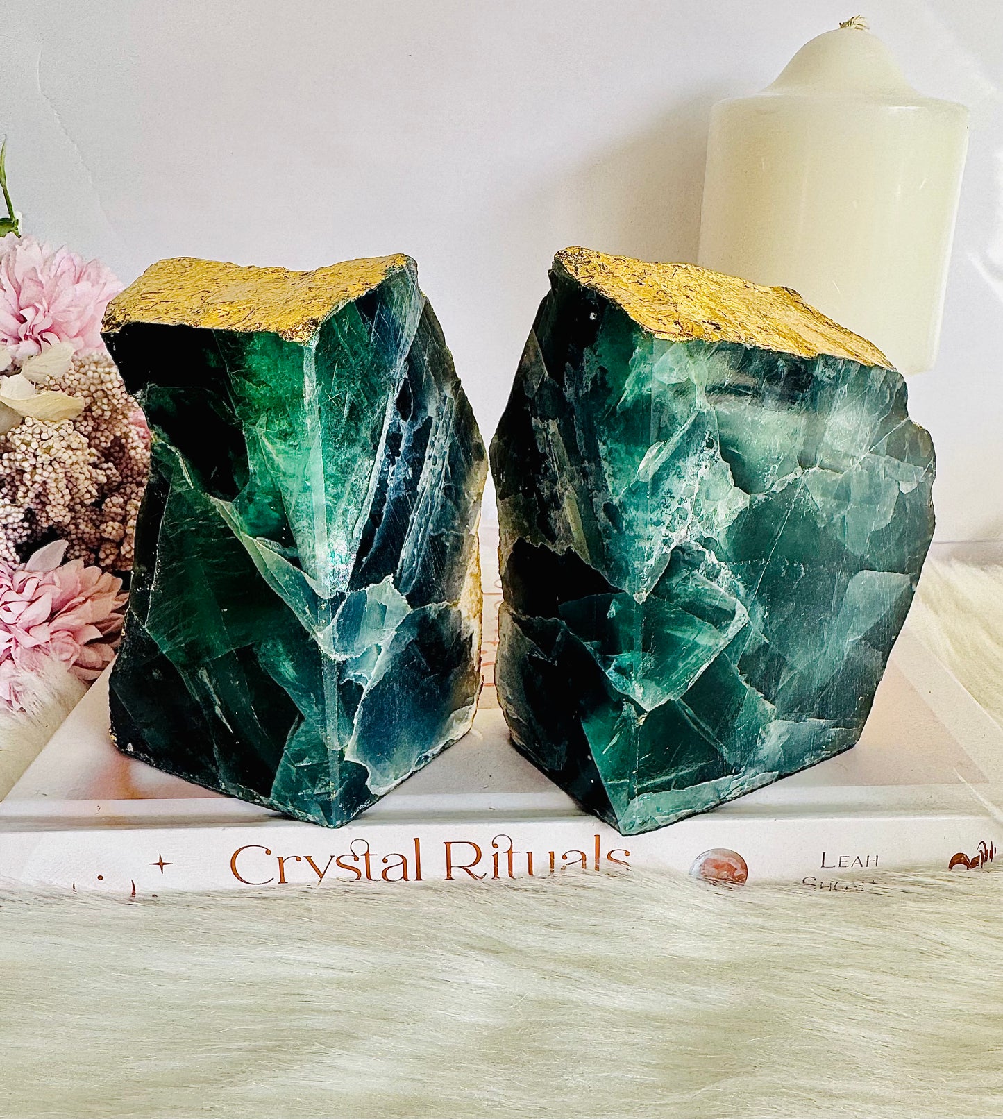 Absolutely Stunning Large Chunky 1.82KG Green Fluorite Gold Plated Book Ends