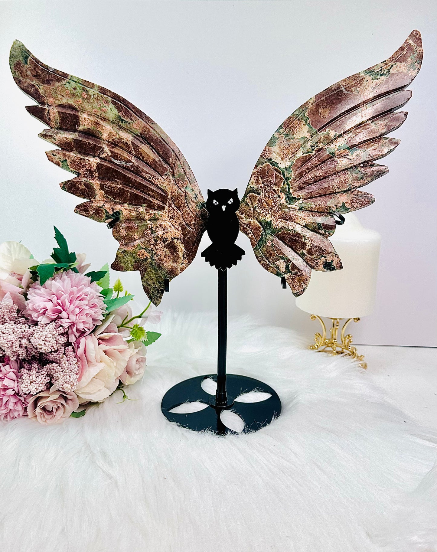 Absolutely Huge 29.5cm Sensational Green Flower Agate | Cherry Blossom Owl Wings On Stand