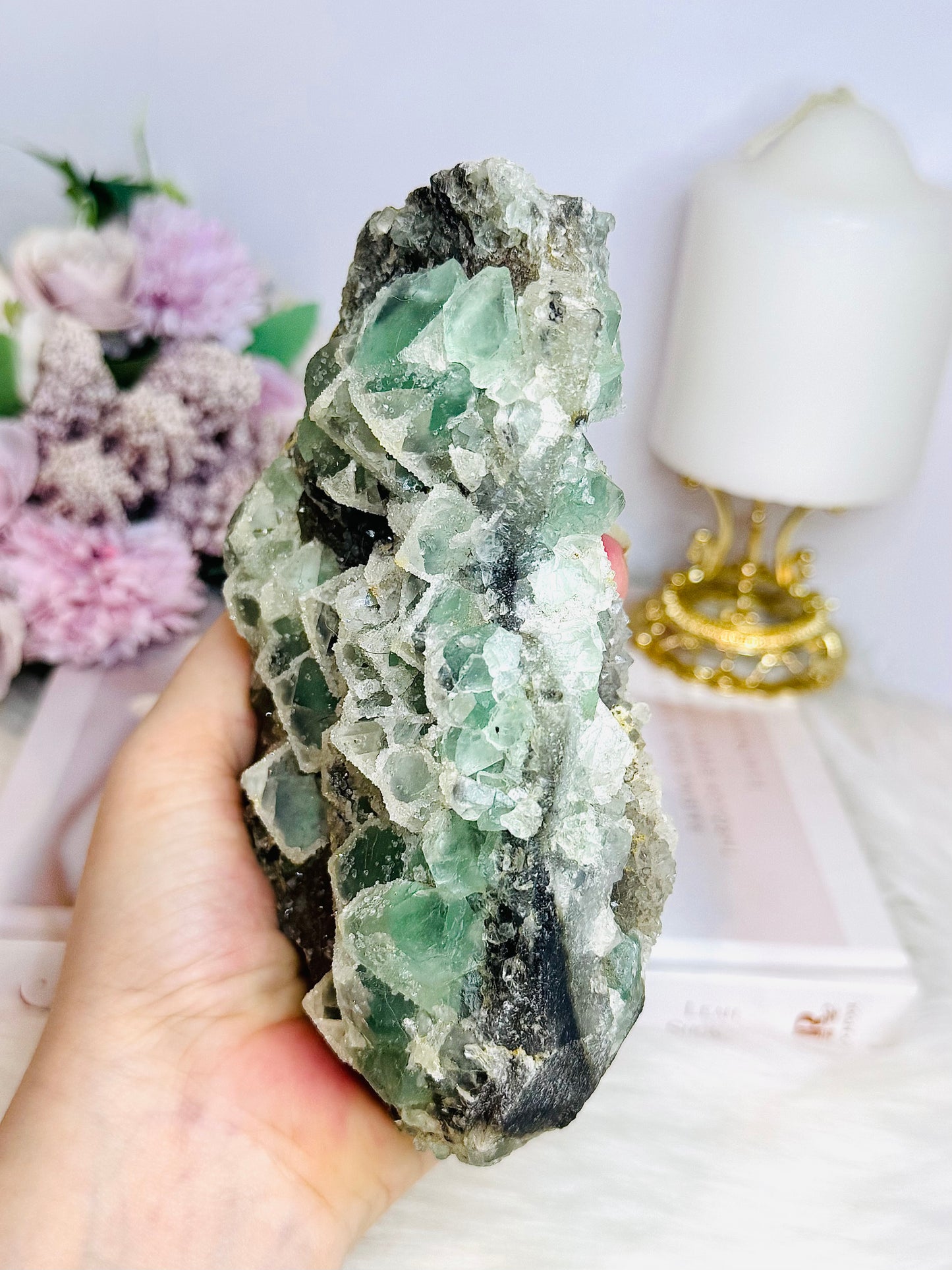 Large Green Cubed Fluorite Sugar Druzy Specimen on Matrix 15cm 777g