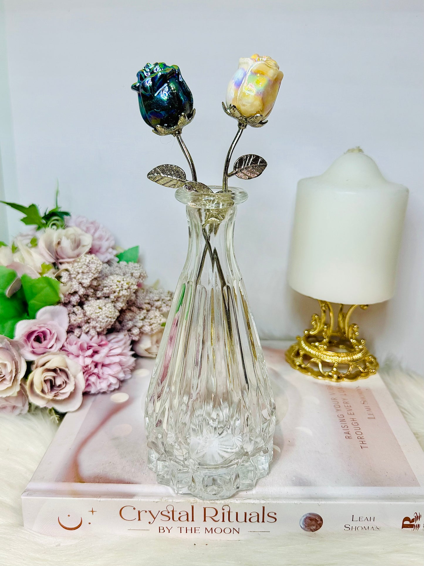 Angel Aura Roses Amethyst & Quartz in Glass Vase 20cm Tall