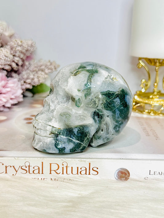 Large Moss Agate Carved Skull 9cm 452g