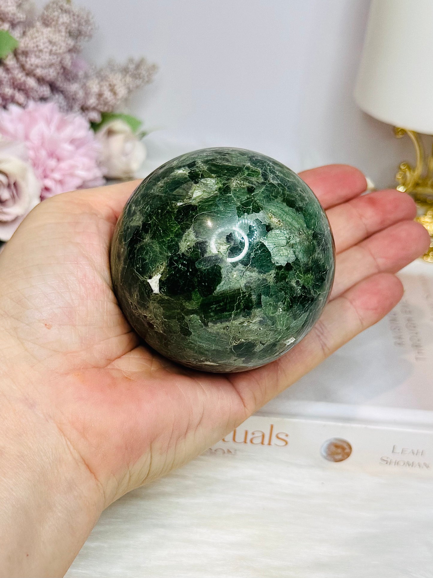Large Green Diopside Sphere on Stand 503g