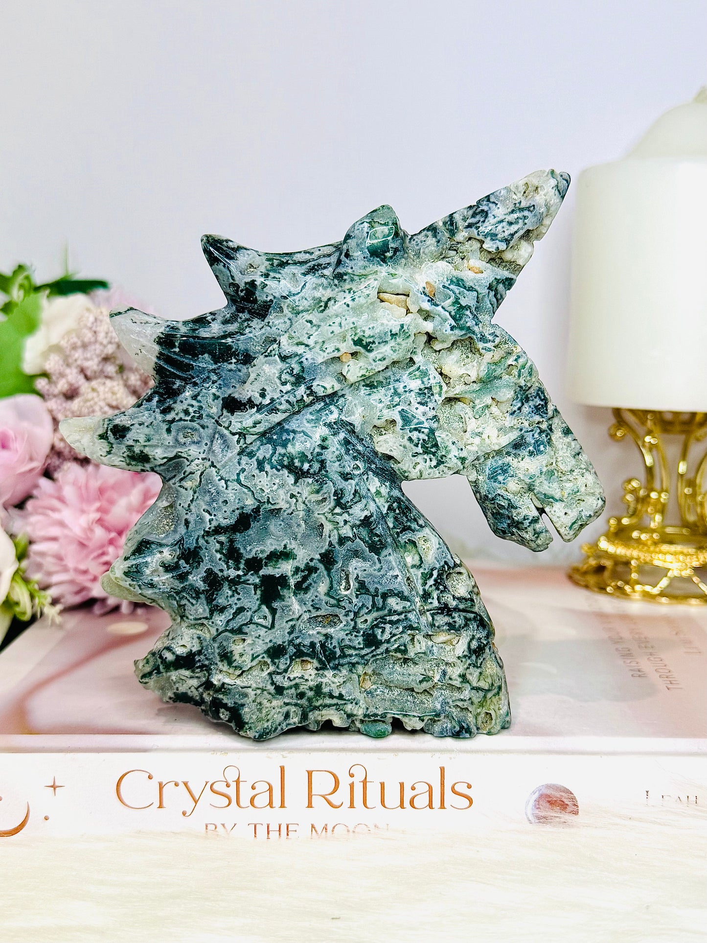 Moss Agate Druzy Unicorn Carving 13cm 420g