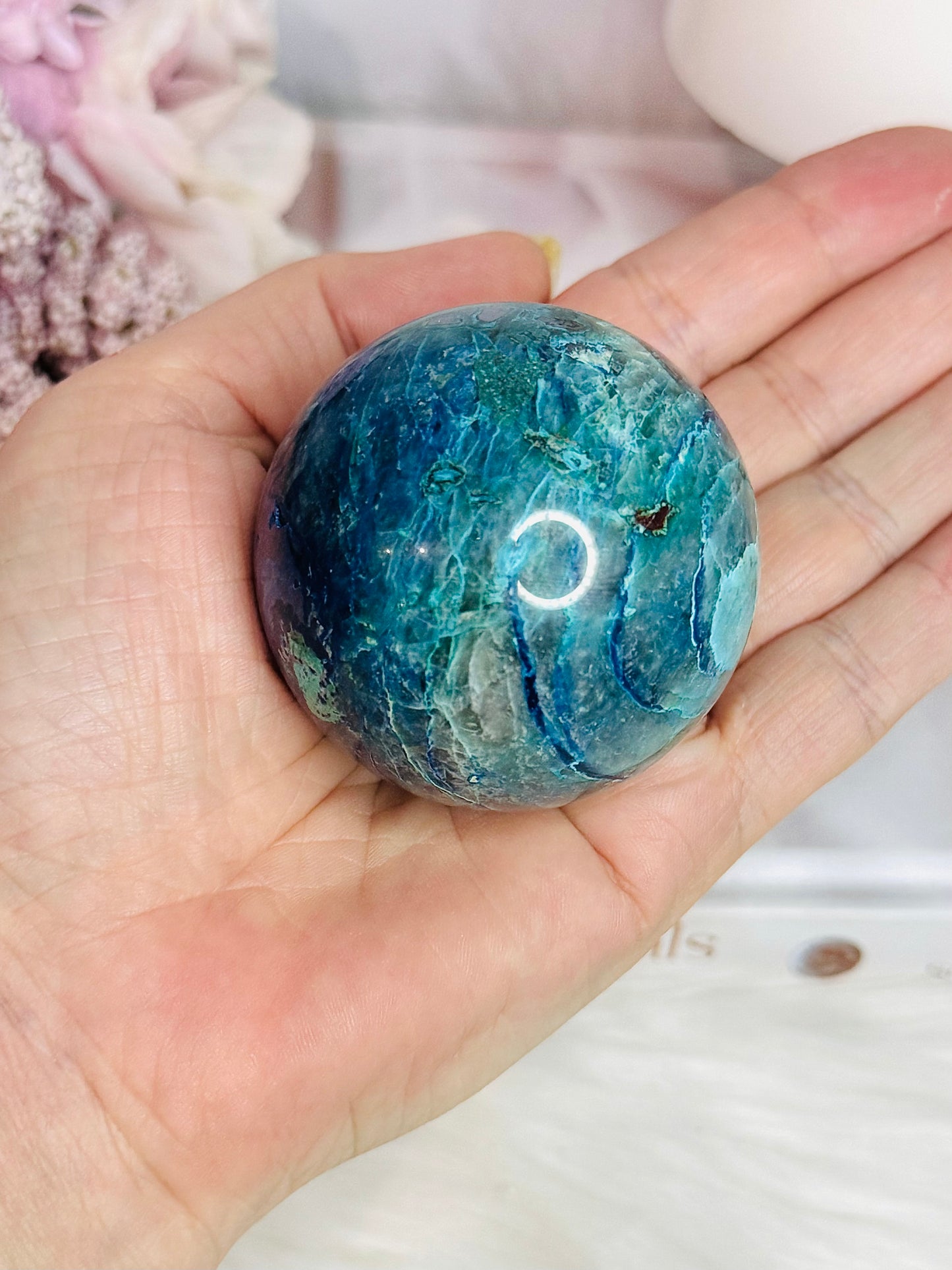 Stunning Natural High Grade Chrysocolla Carved Sphere on Stand 238grams