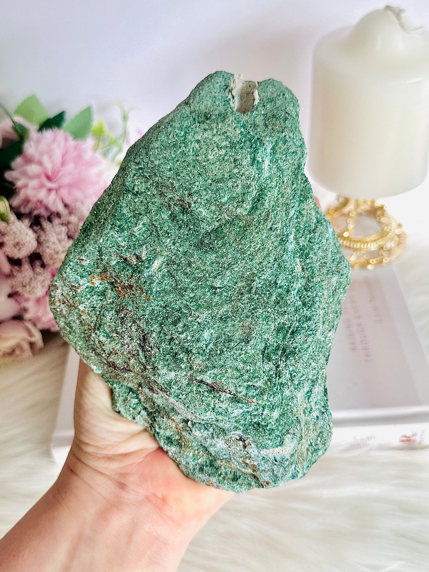 ⚜️ SALE ⚜️ Wow! Incredibly Gorgeous Sparkling High Grade Fuchsite Specimen 899grams On Silver Stand 20cm Tall (rose gold sold out)