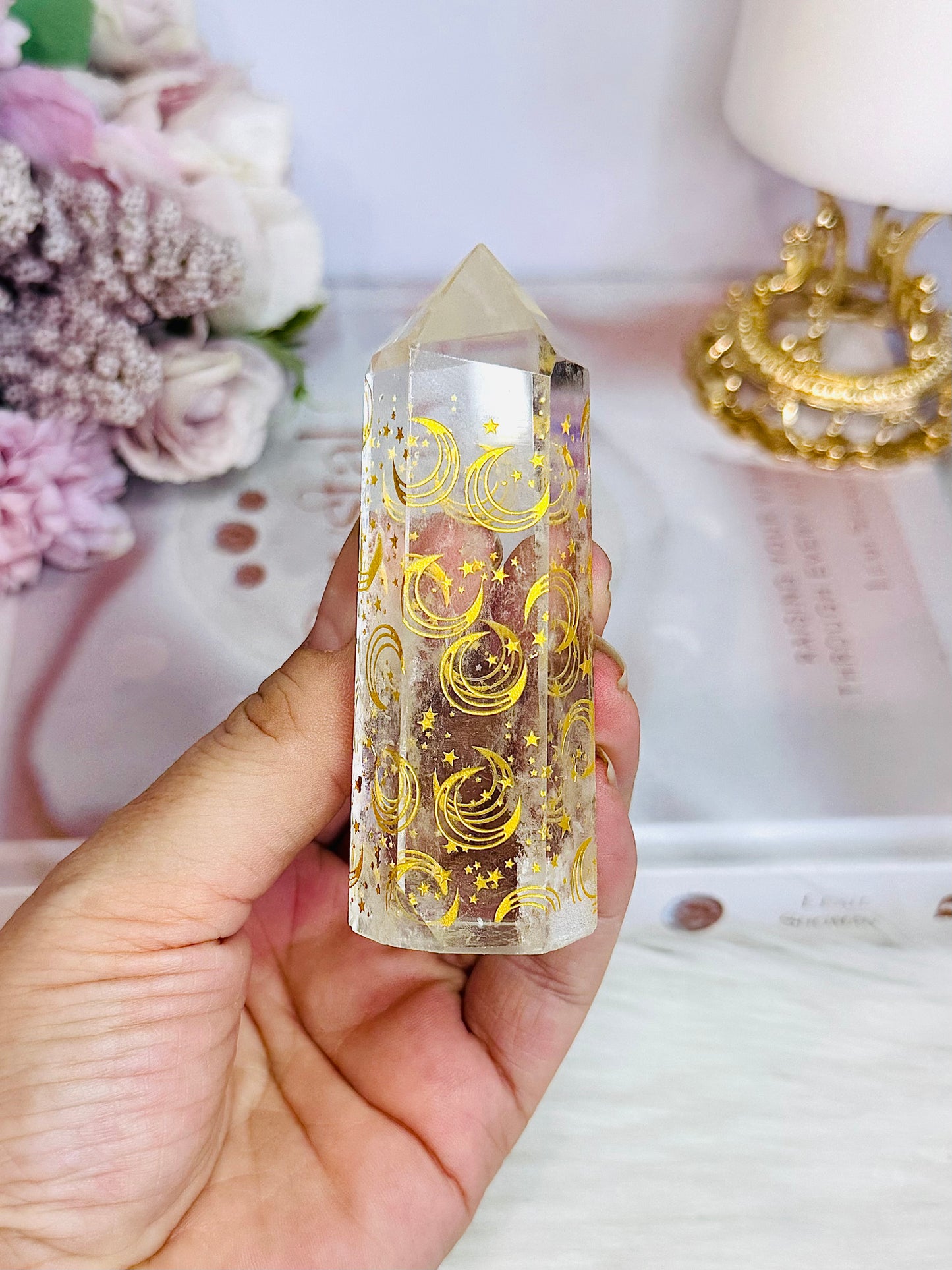 Beautiful Clear Quartz Chunky Tower with Engraved Gold Moon & Stars 8.5cm