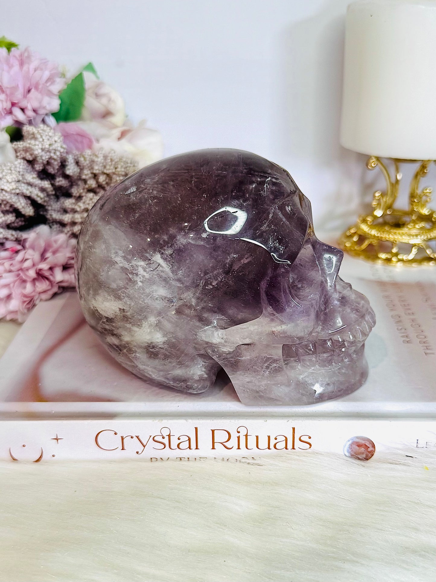 Huge 991gram High Grade Amethyst Carved Skull with Rainbows