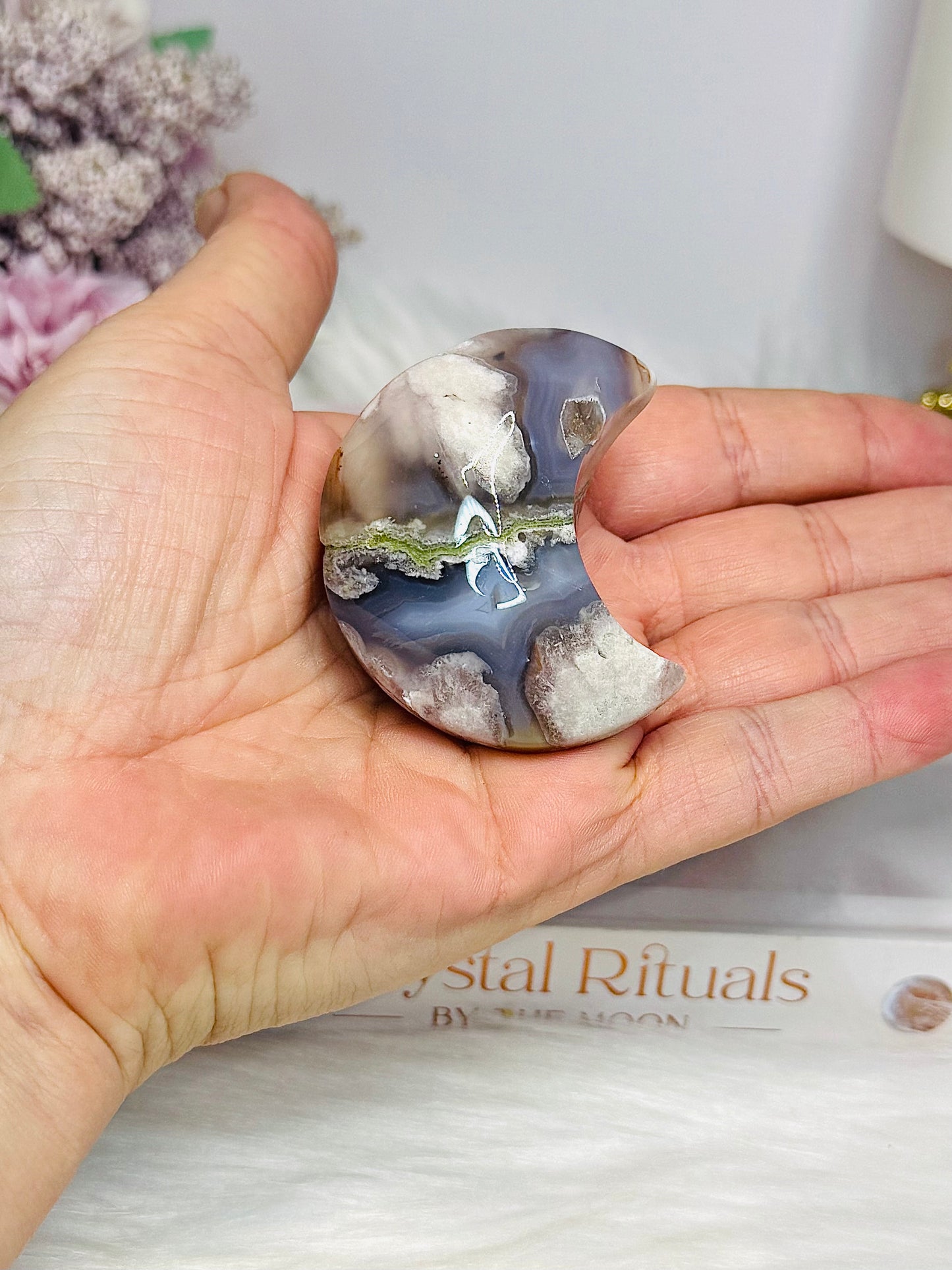 Chunky Flower Agate Carved Moon