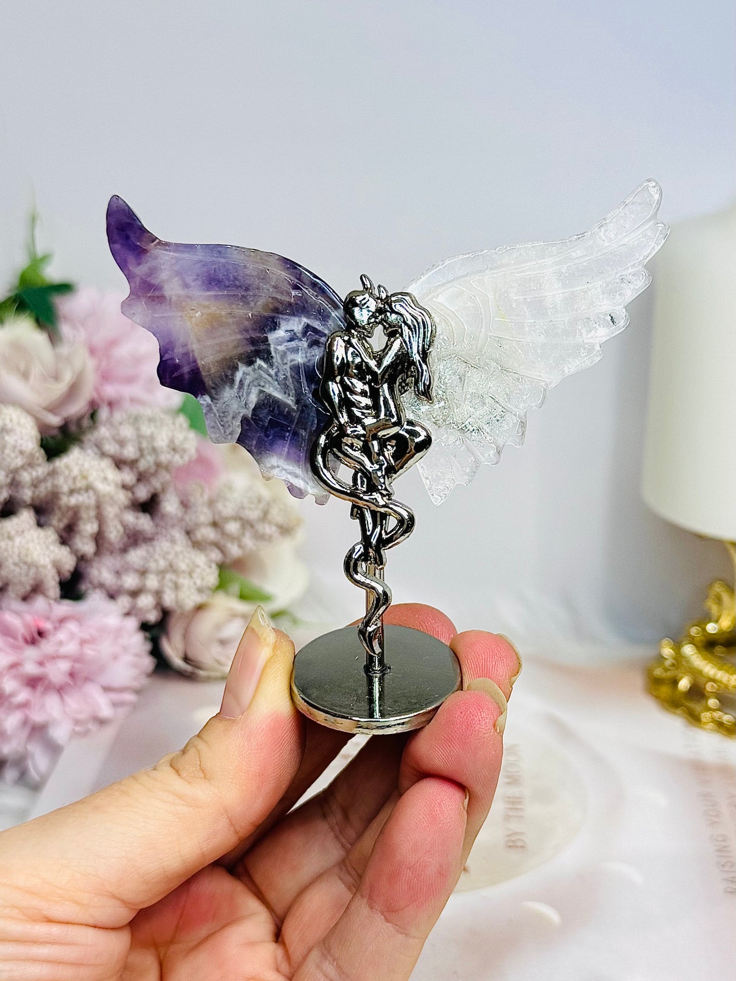 Chevron Amethyst X Clear Quartz Devil & Angel Wings 8.5cm
