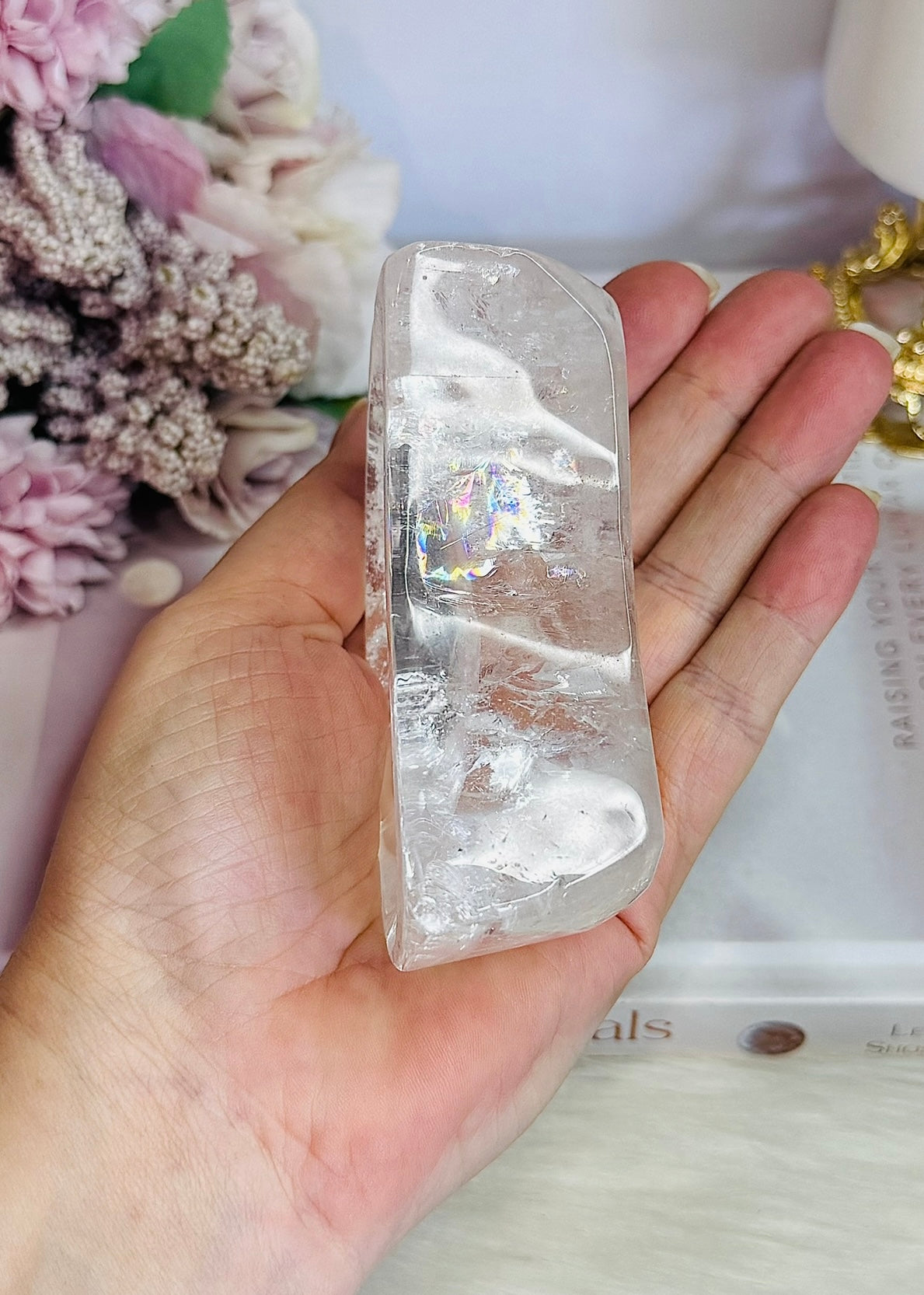 High Grade Clear Quartz Chunky Moon Bowl with Rainbows 9cm
