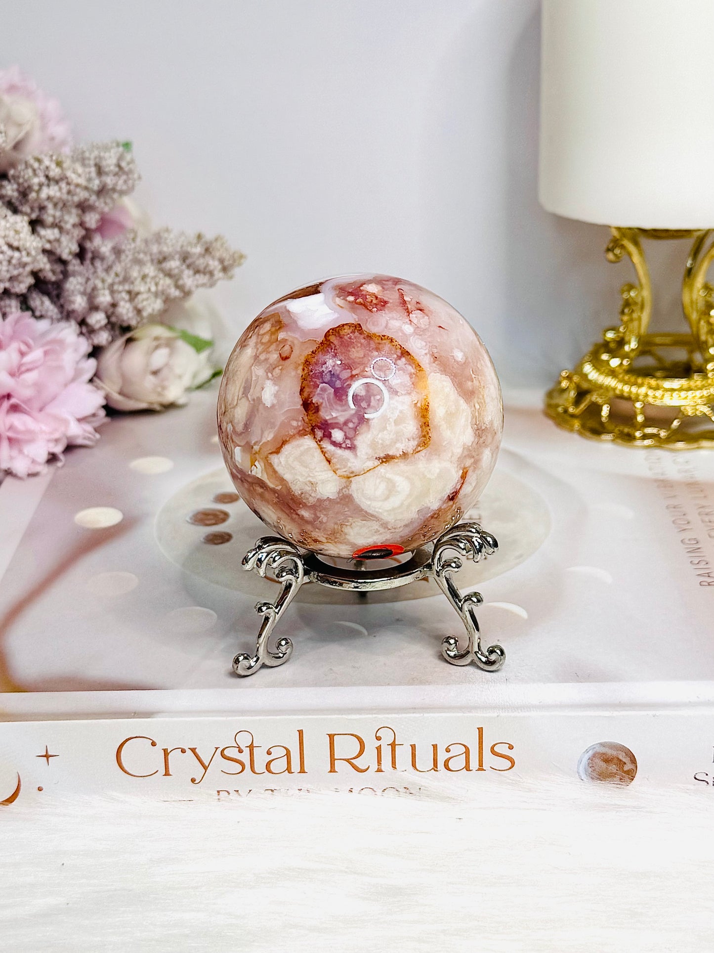 High Grade Flower Carnelian Sphere on Stand 246g