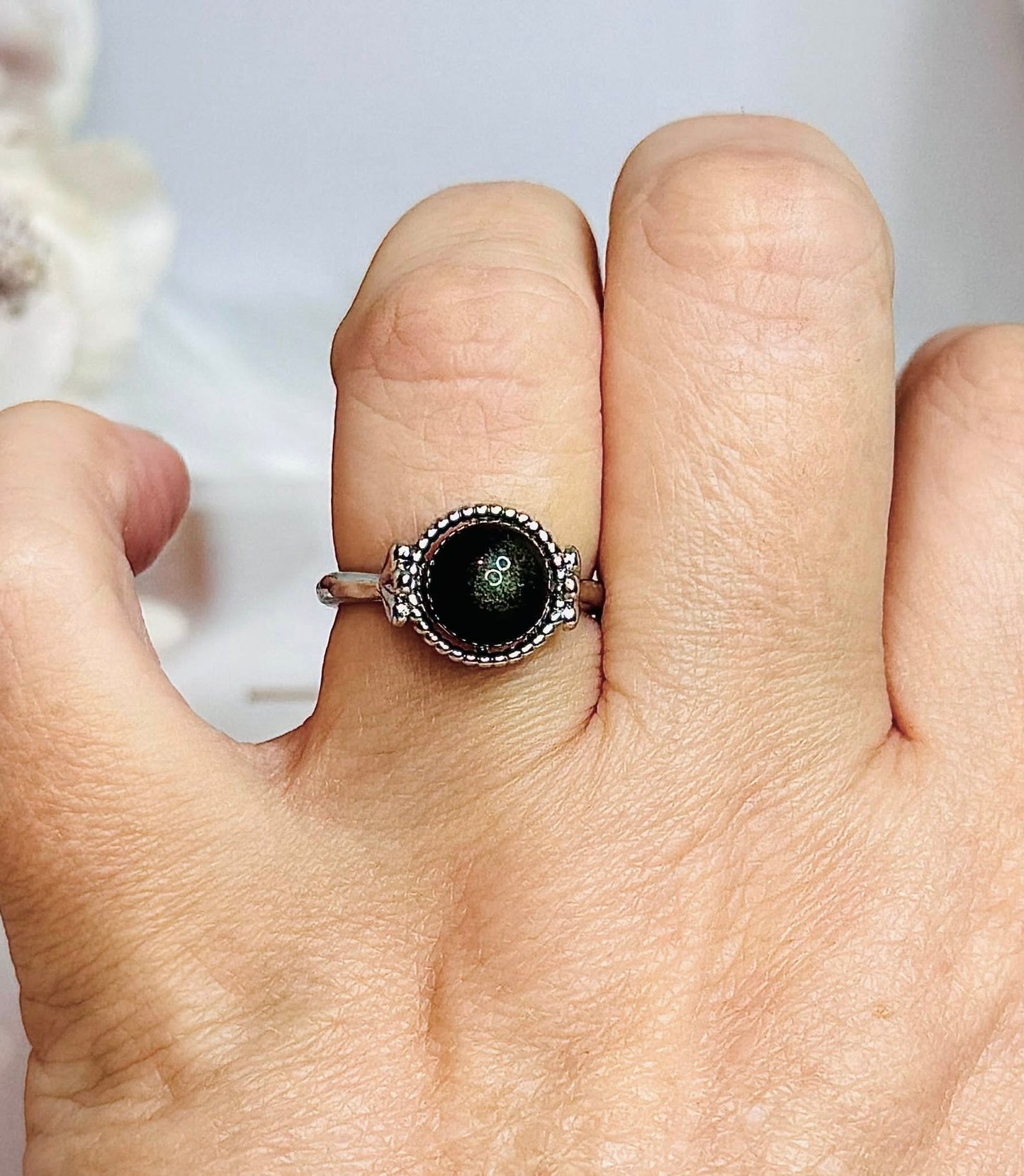 Silver Sheen Obsidian Adjustable Ring