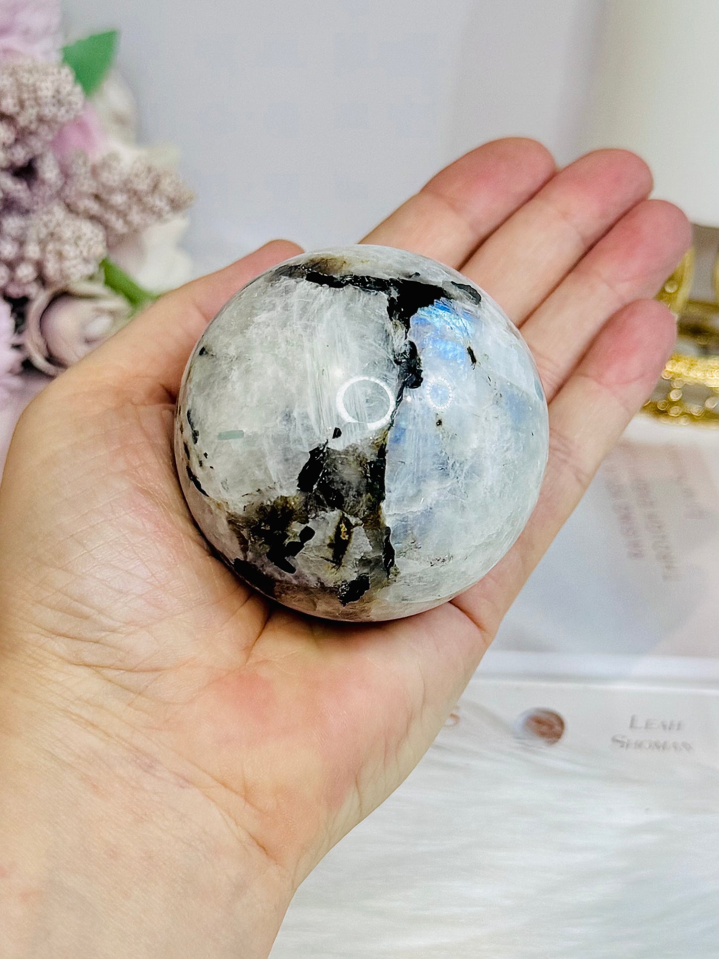 Rainbow Moonstone Sphere on Stand with Blue Flash 337g