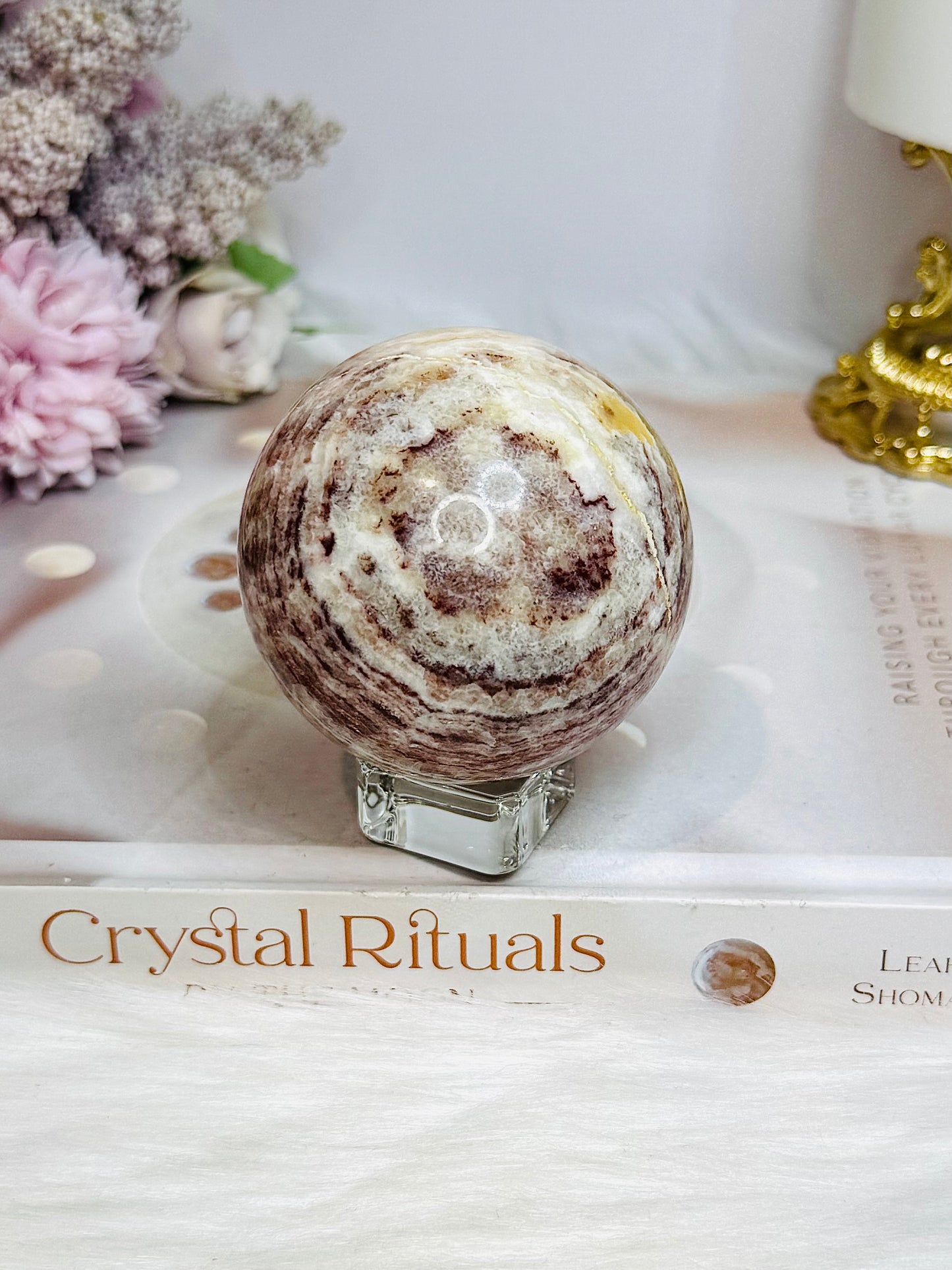Pink Banded Calcite | Pork Stone Sphere On Stand 307g
