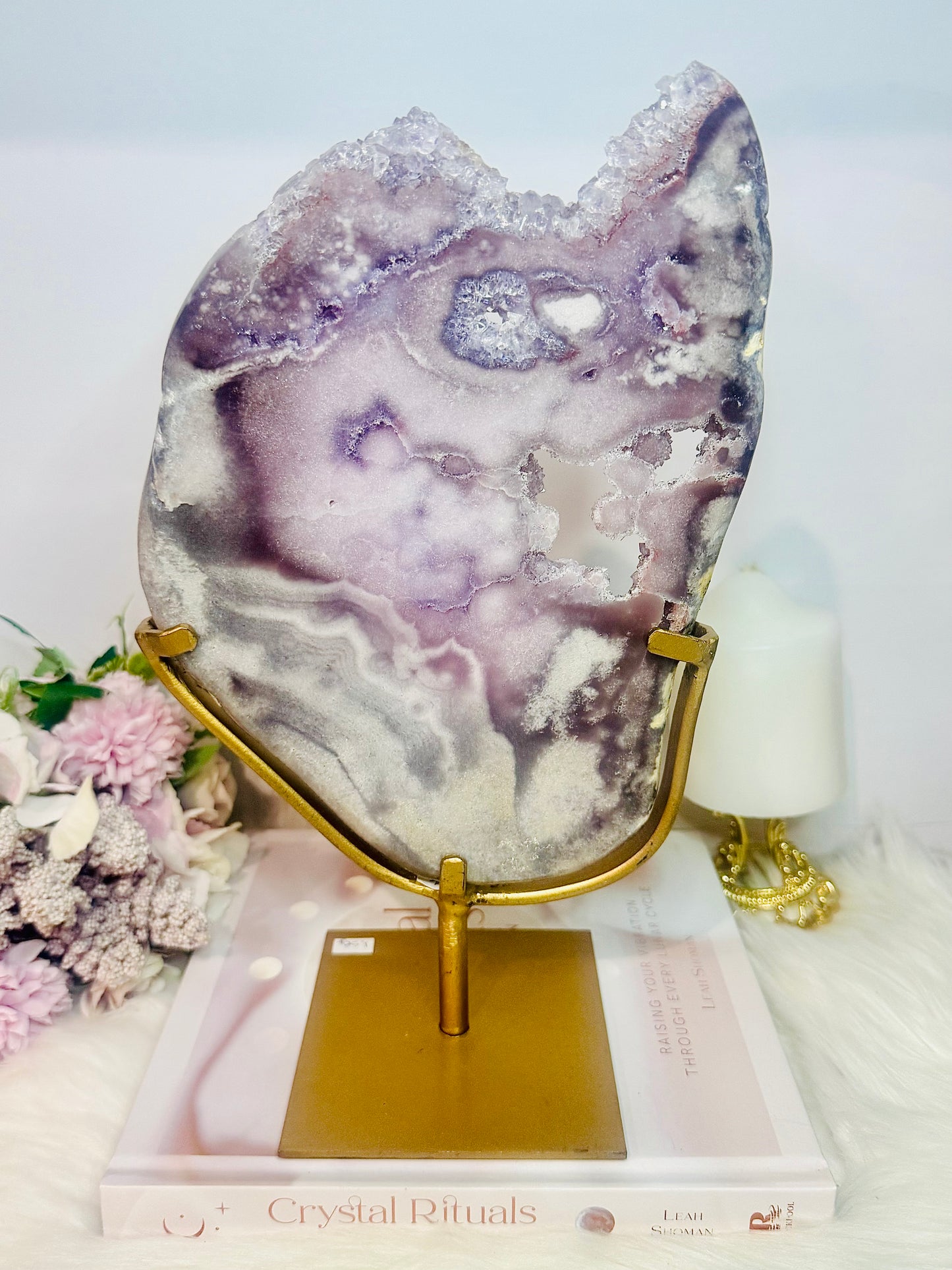 The Most Incredible High Grade Druzy Pink Amethyst Natural Slab On Gold Stand 1.56KG 30cm