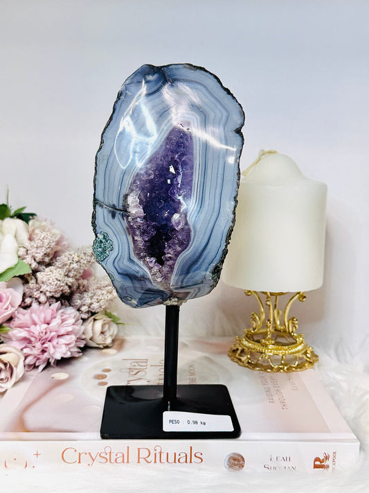 Large Amethyst X Agate Natural Druzy Freeform on Stand 21cm 989g