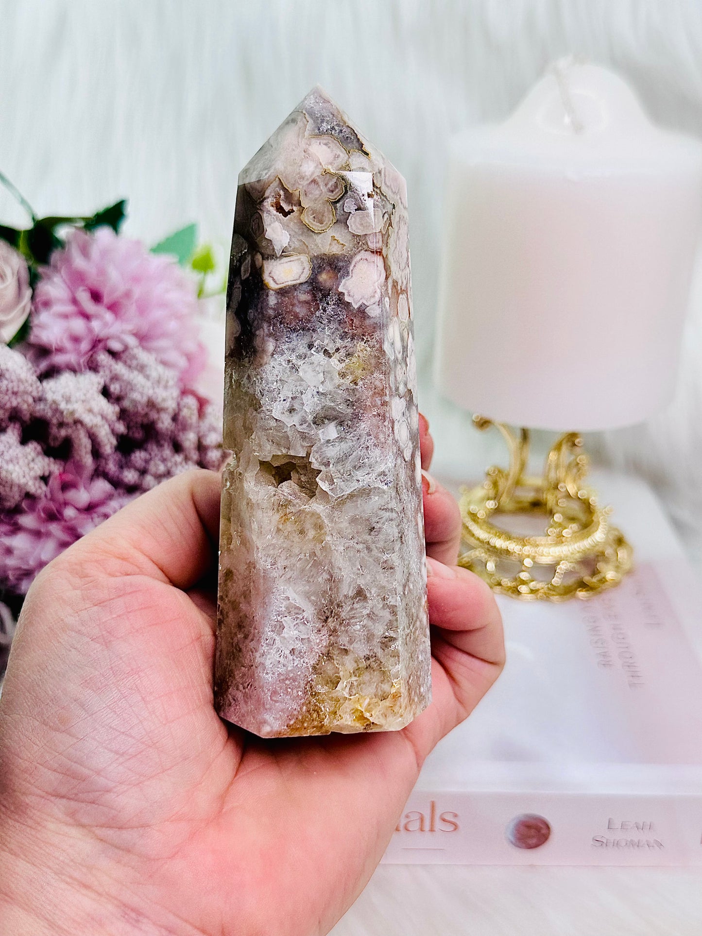 Absolutely Incredible Pink Amethyst X Flower Agate Druzy Tower 13cm From Brazil
