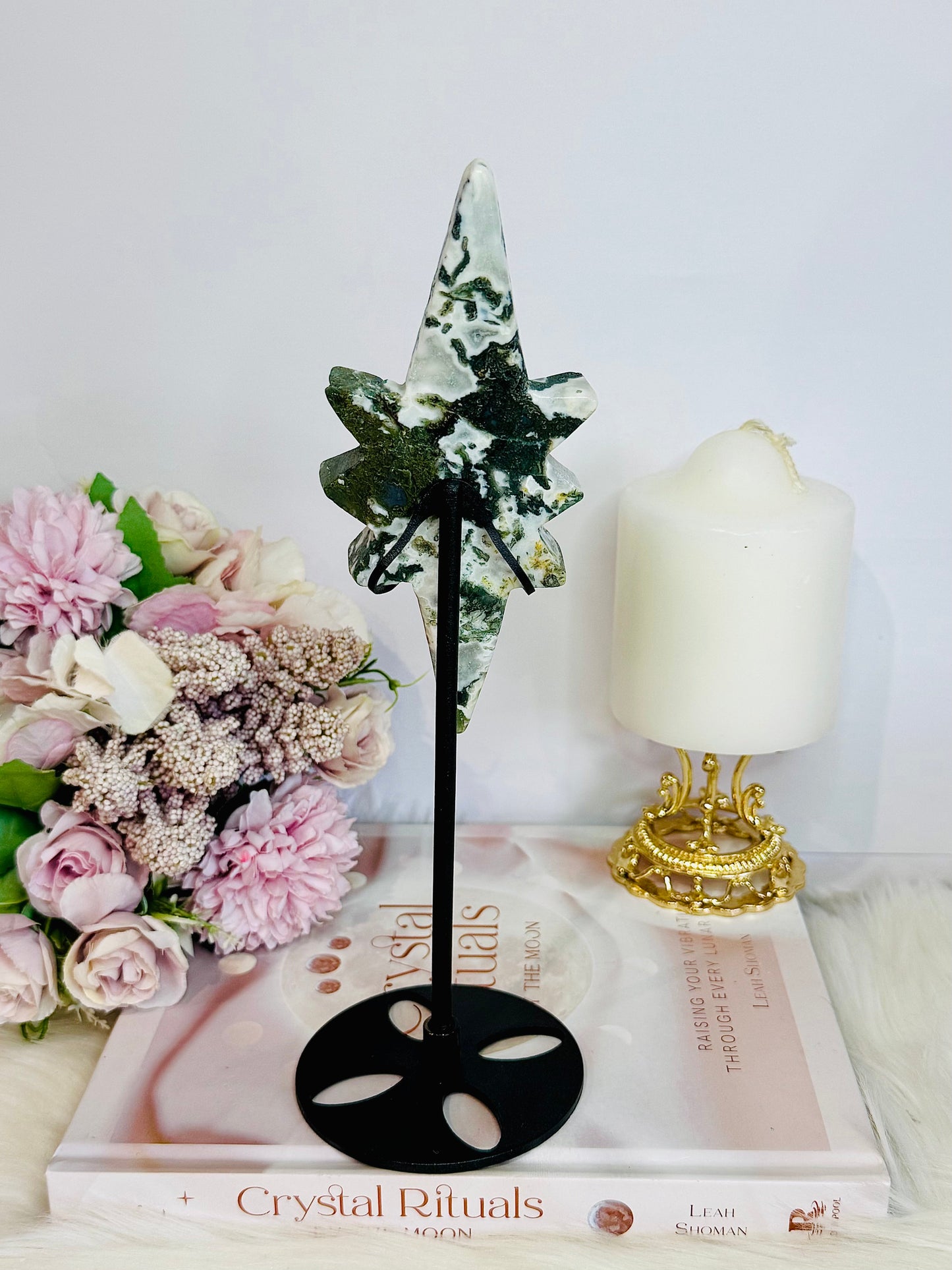 Moss Agate Carved Polaris Star On Stand 24.5cm