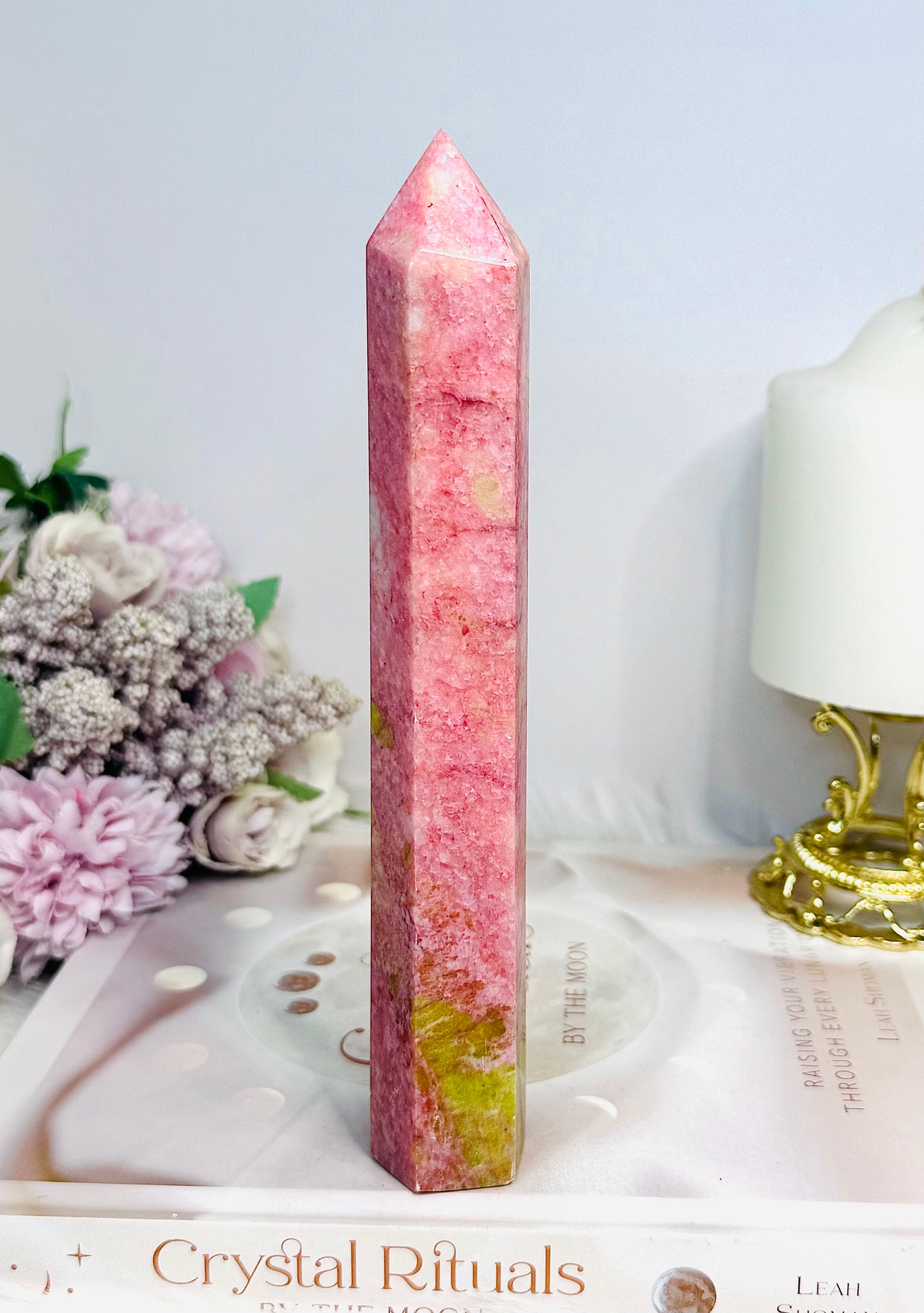 Rare Large Thulite Tower with Epidote Inclusions 19cm