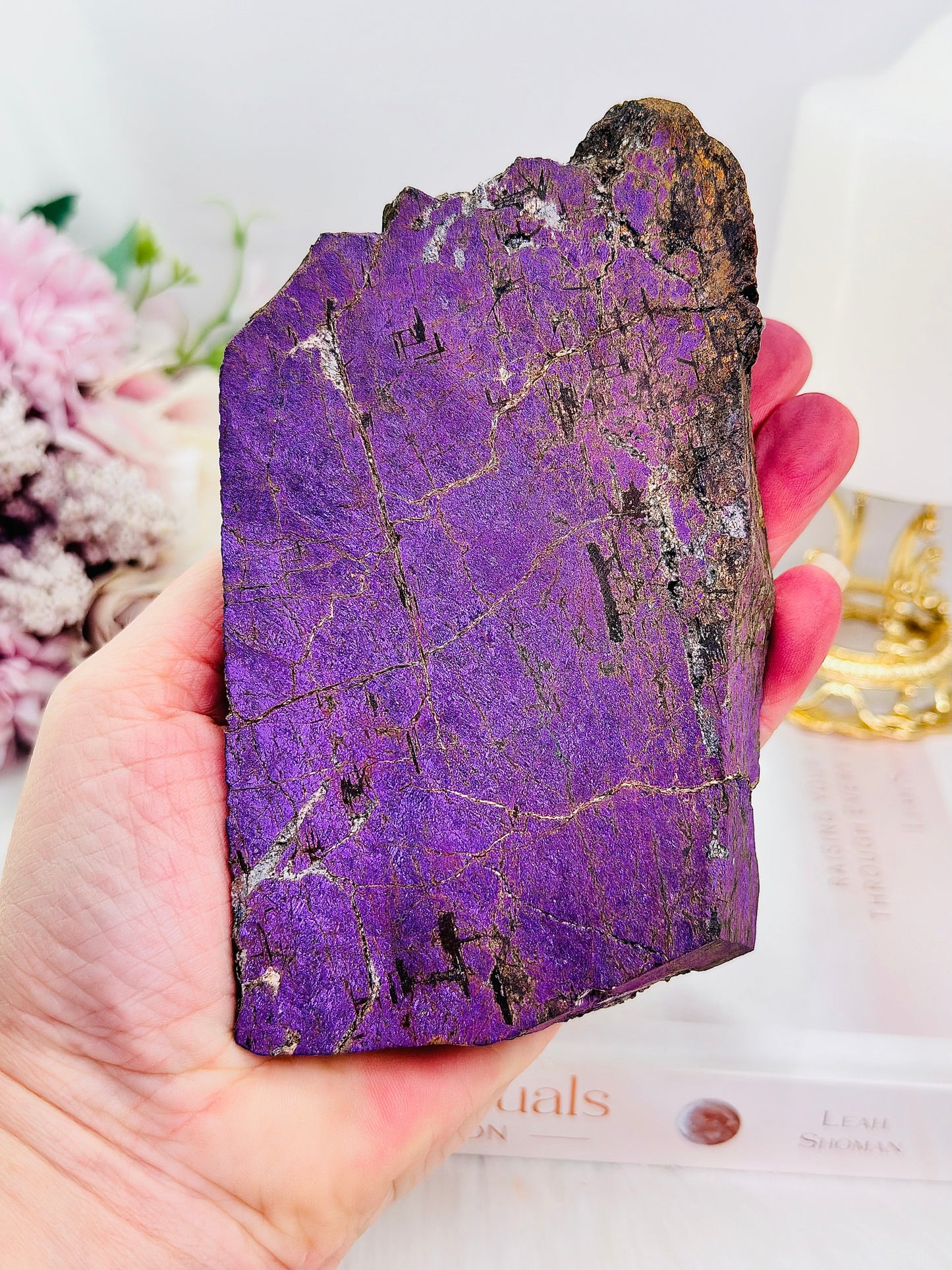 Incredible Rare Natural Velvet Purpurite Large Slab On Gold Stand 578grams