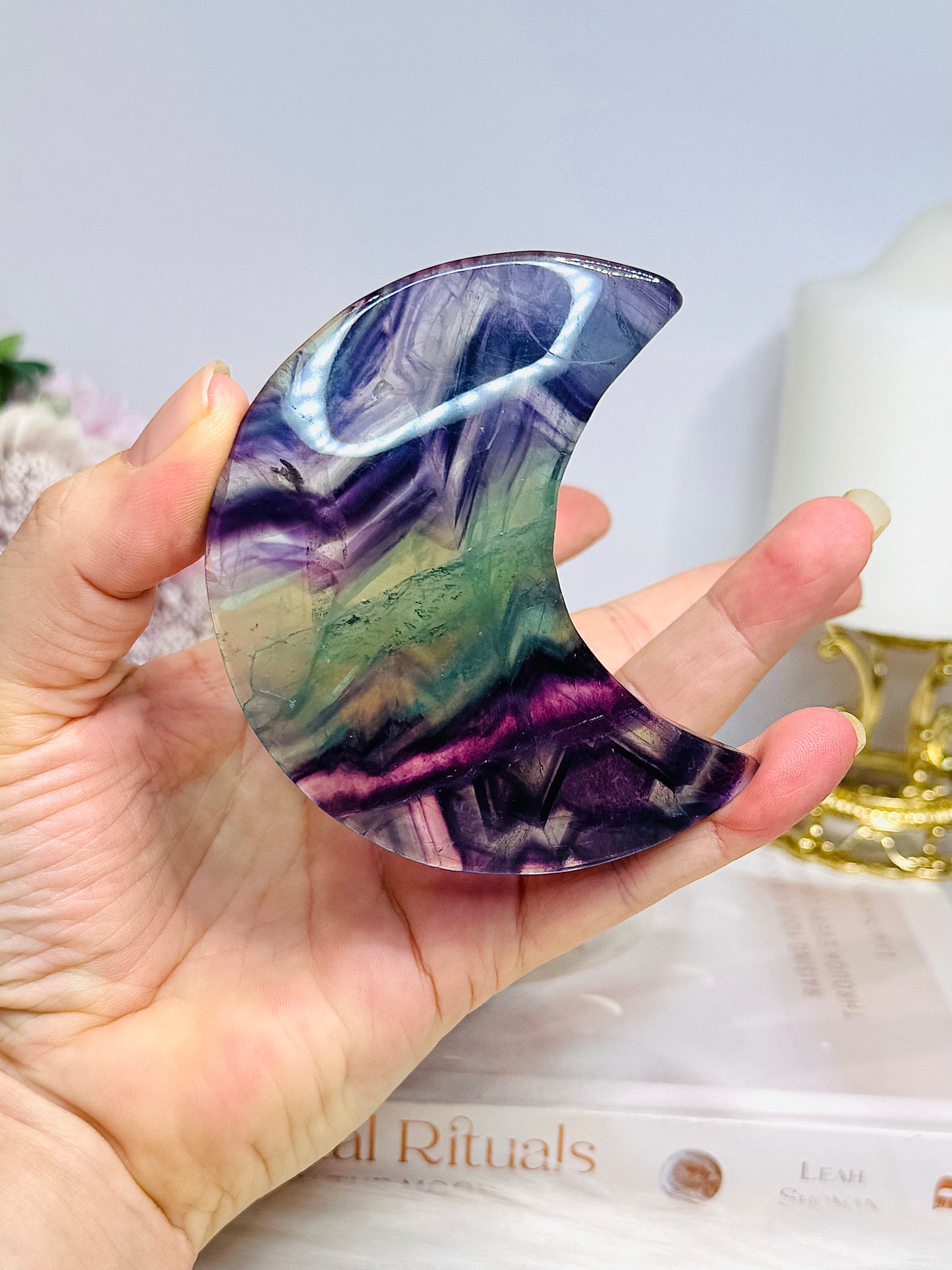 High Grade Rainbow Fluorite Moon On Stand 8.5cm
