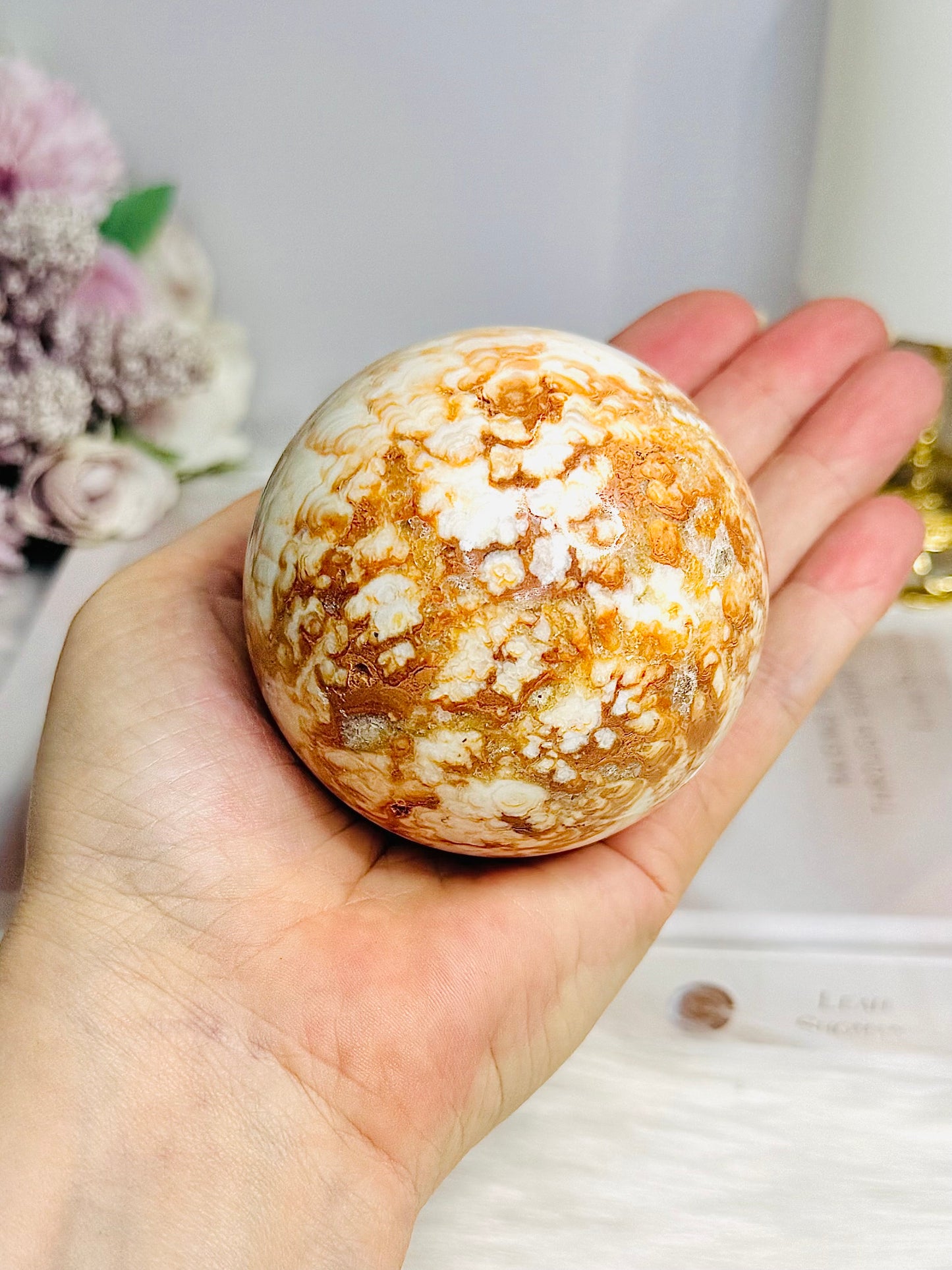 Large Orange Calcite Sphere on Stand 438g