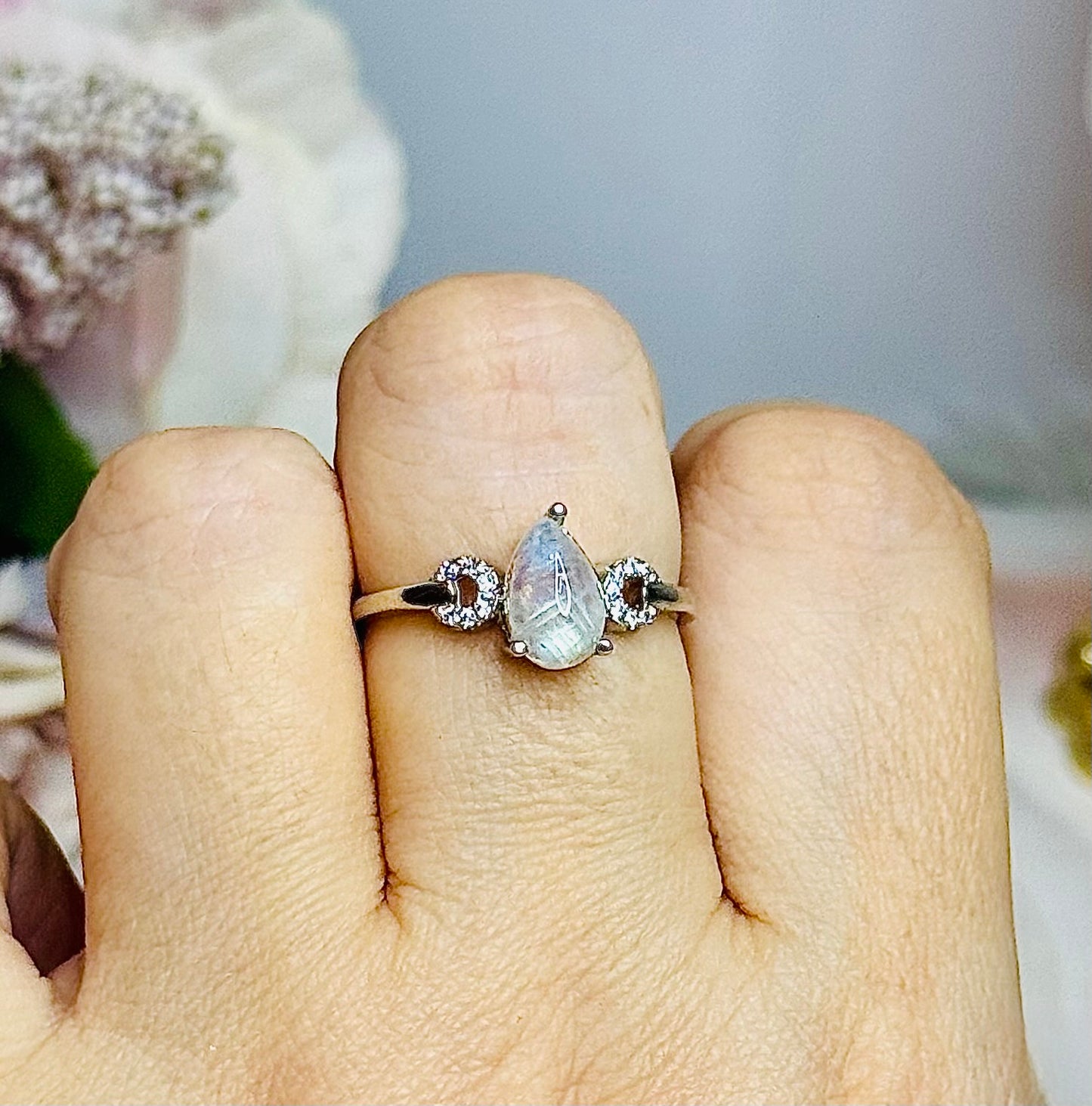 Moonstone With Blue Flash Adjustable Silver Ring