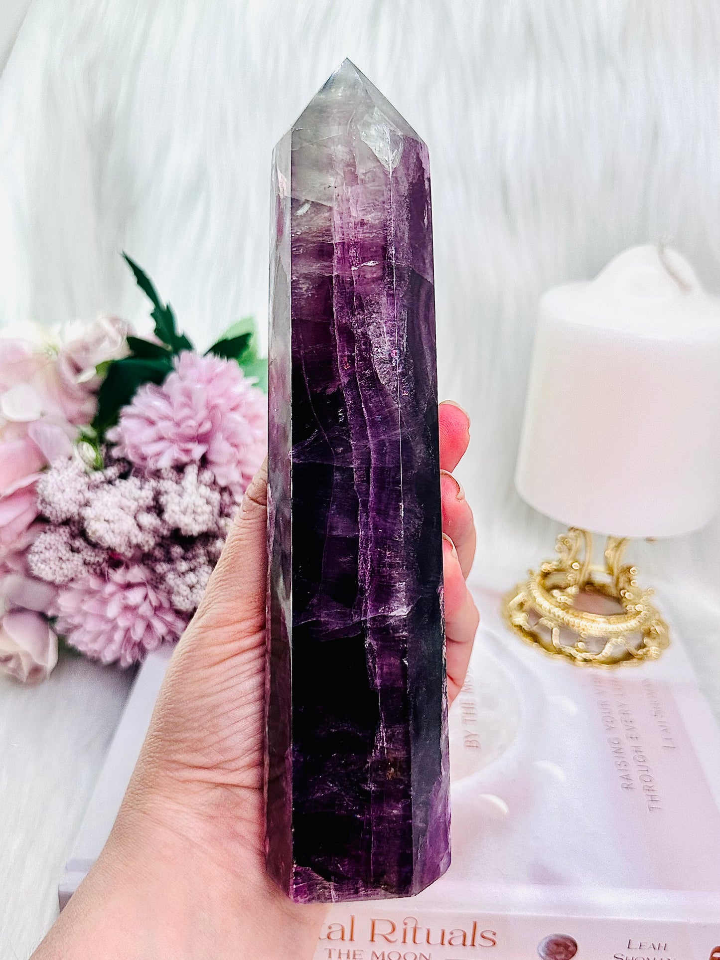 Fabulous Large 20cm Stunning Purple Fluorite Tower with Rainbows (the tower has a slight tilt)