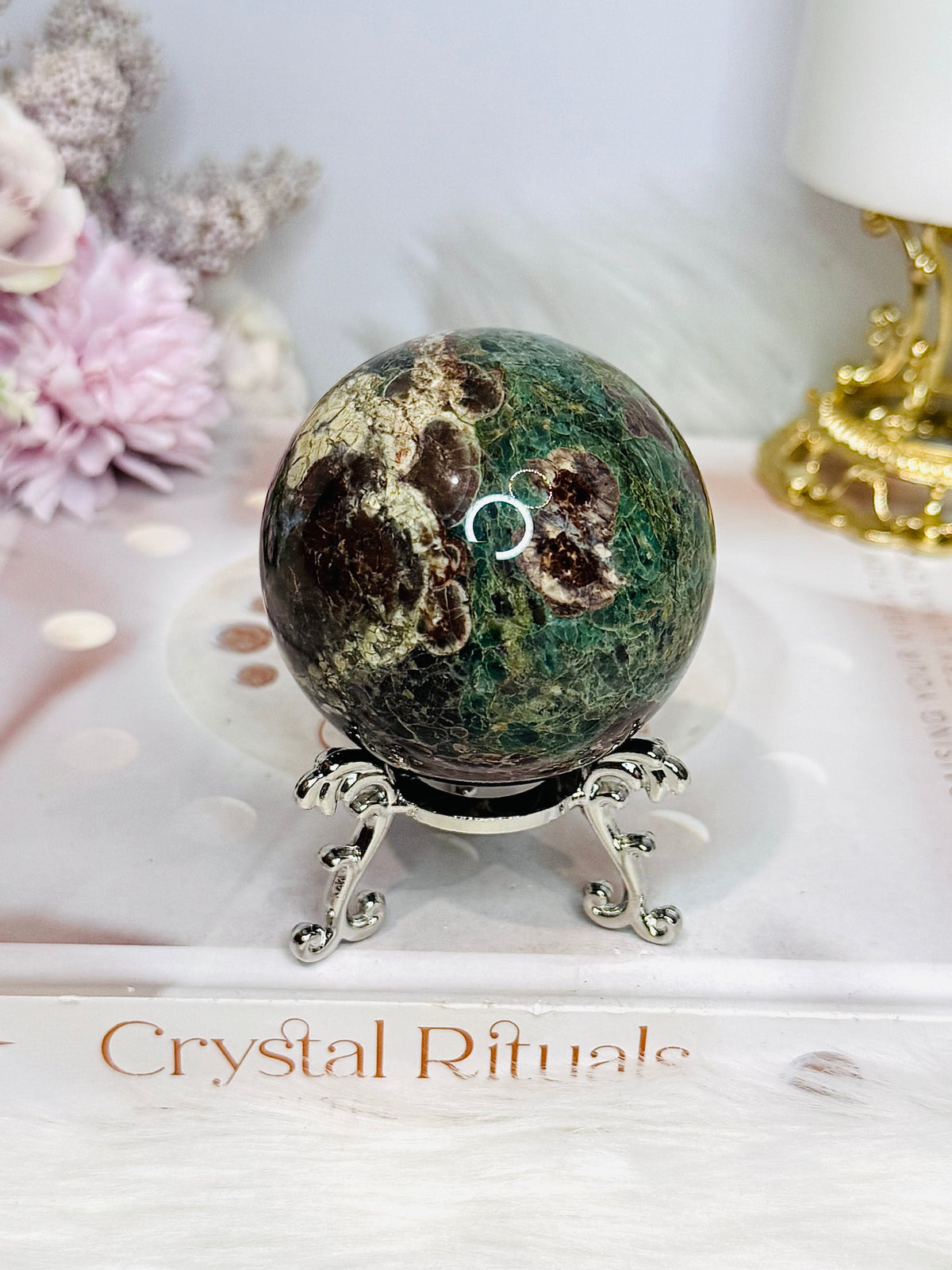 Green Sakura Agate Sphere On Stand 264g