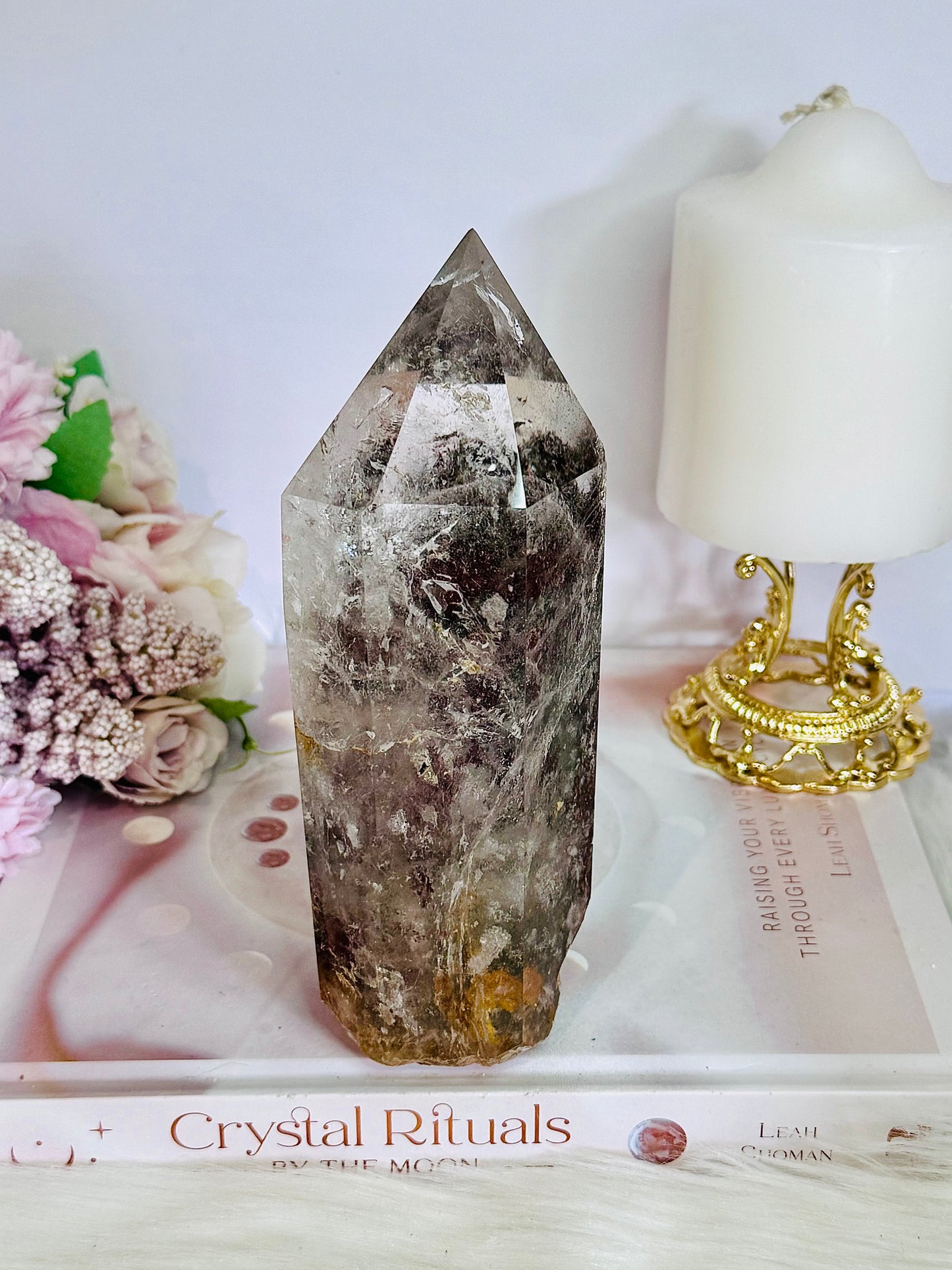 Stunning Large High Grade Garden Quartz | Lodolite Tower on Timber Base 1.02KG 21cm