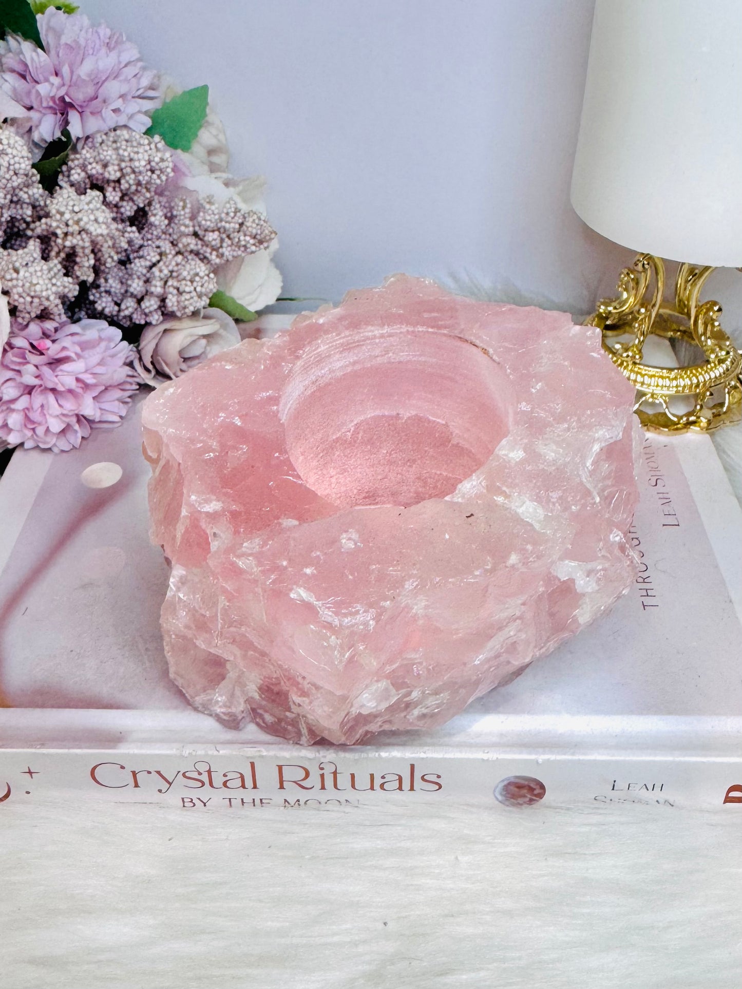 Large Chunky Rose Quartz Candle Holder 892g