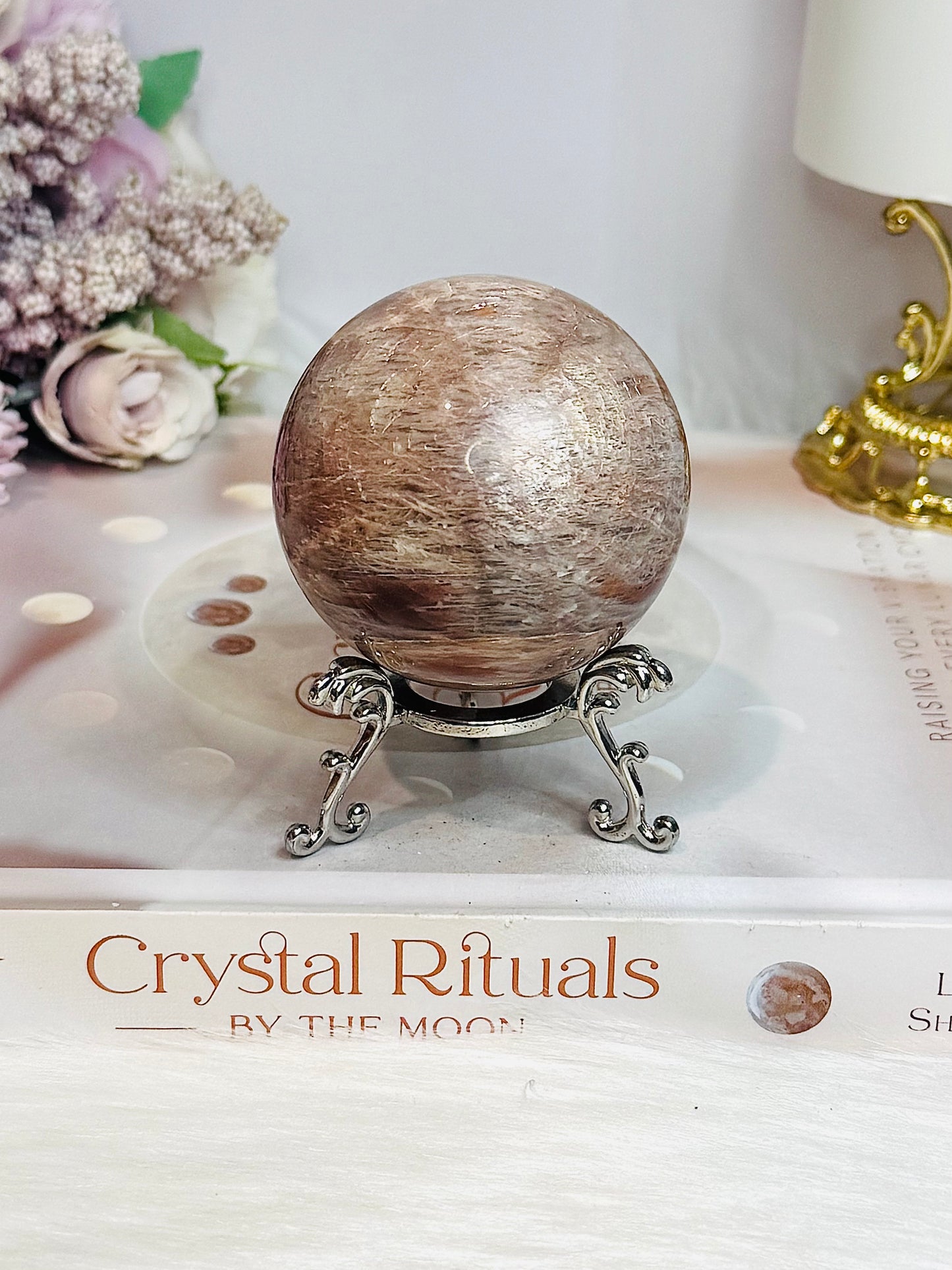 High Grade Moonstone X Sunstone Sphere On Stand 253g