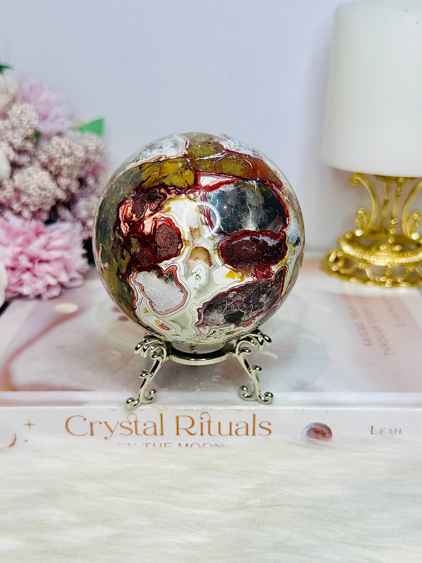 Large Mexican Crazy Lace Agate Druzy Sphere On Stand 552grams