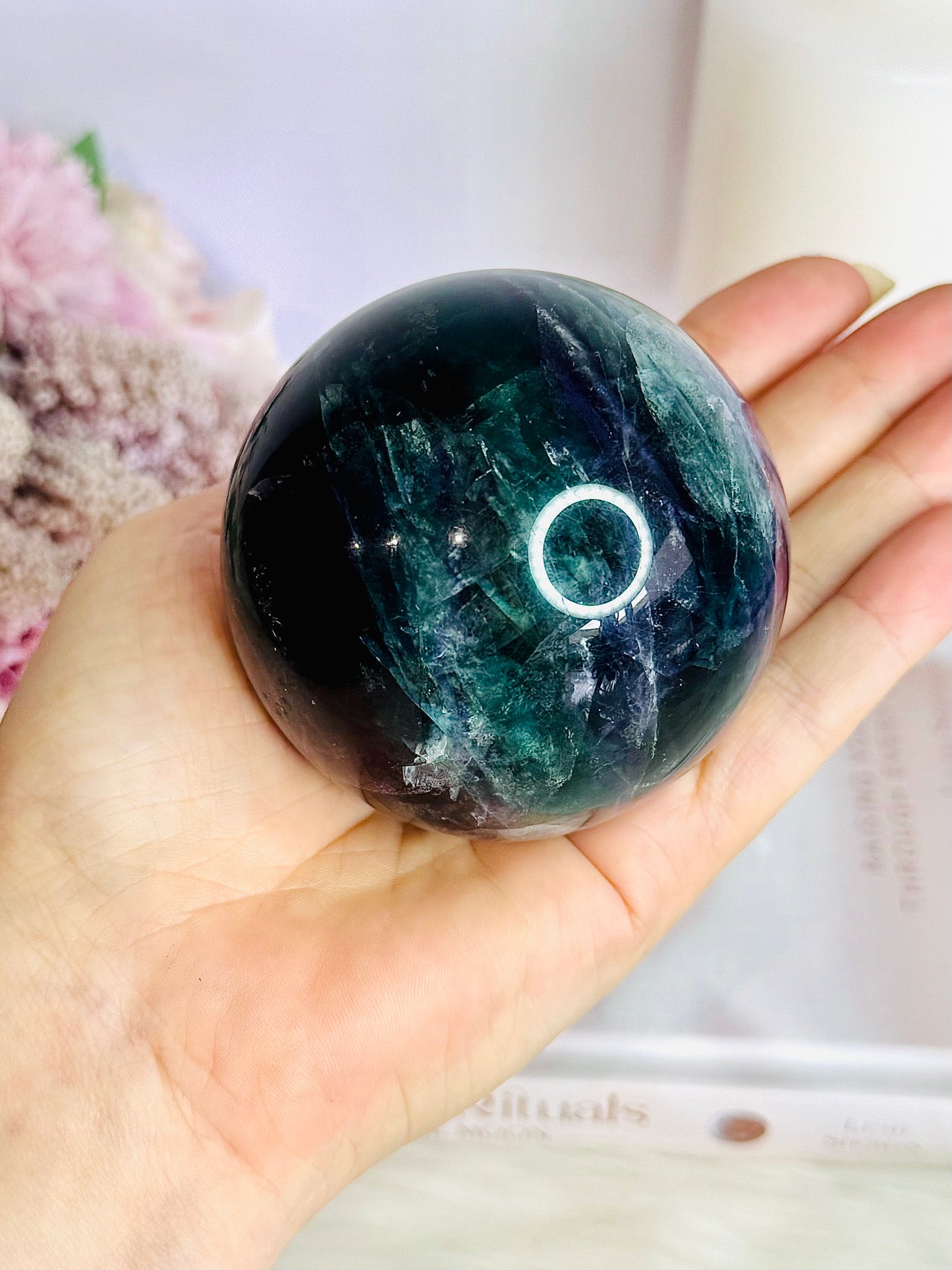 Incredibly Stunning Large 598gram Rainbow Fluorite Sphere On Stand with Amazing Rainbows