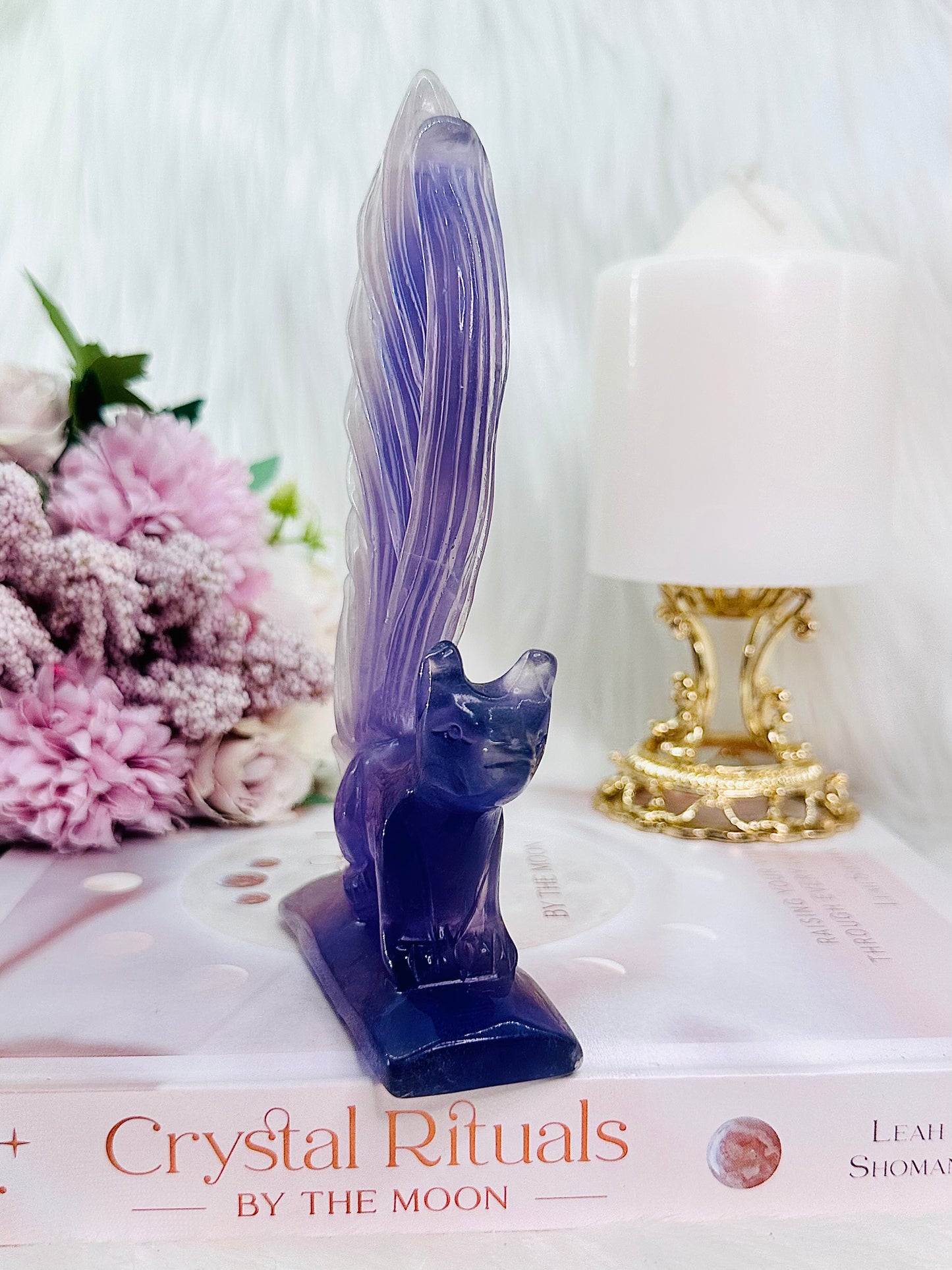 Elegant & Dainty Purple Fluorite Perfectly Carved Nine Tail Fox ~ Absolutely Beautiful 16cm